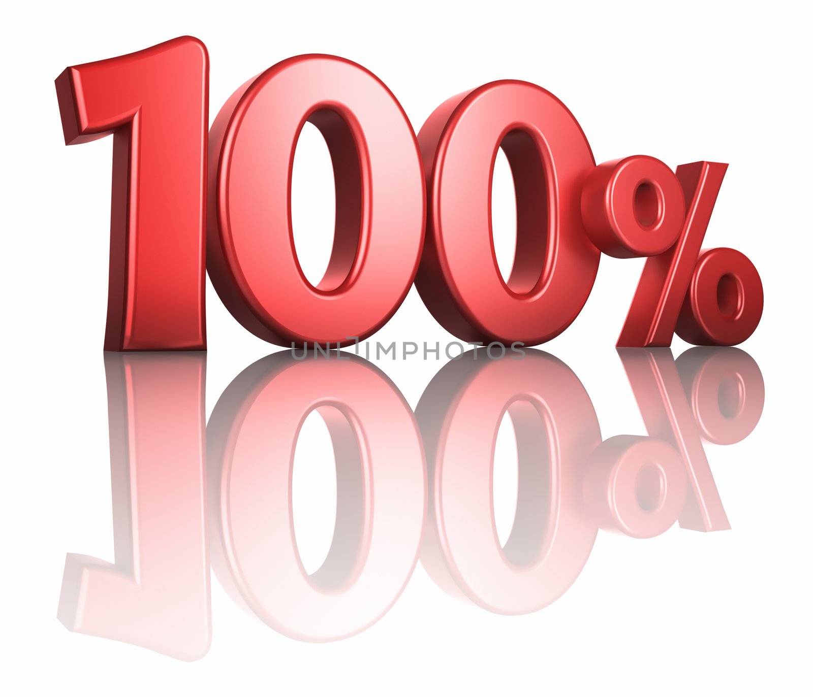 Glossy red one hundred percent on white background with mirror floor, 3d render 100%