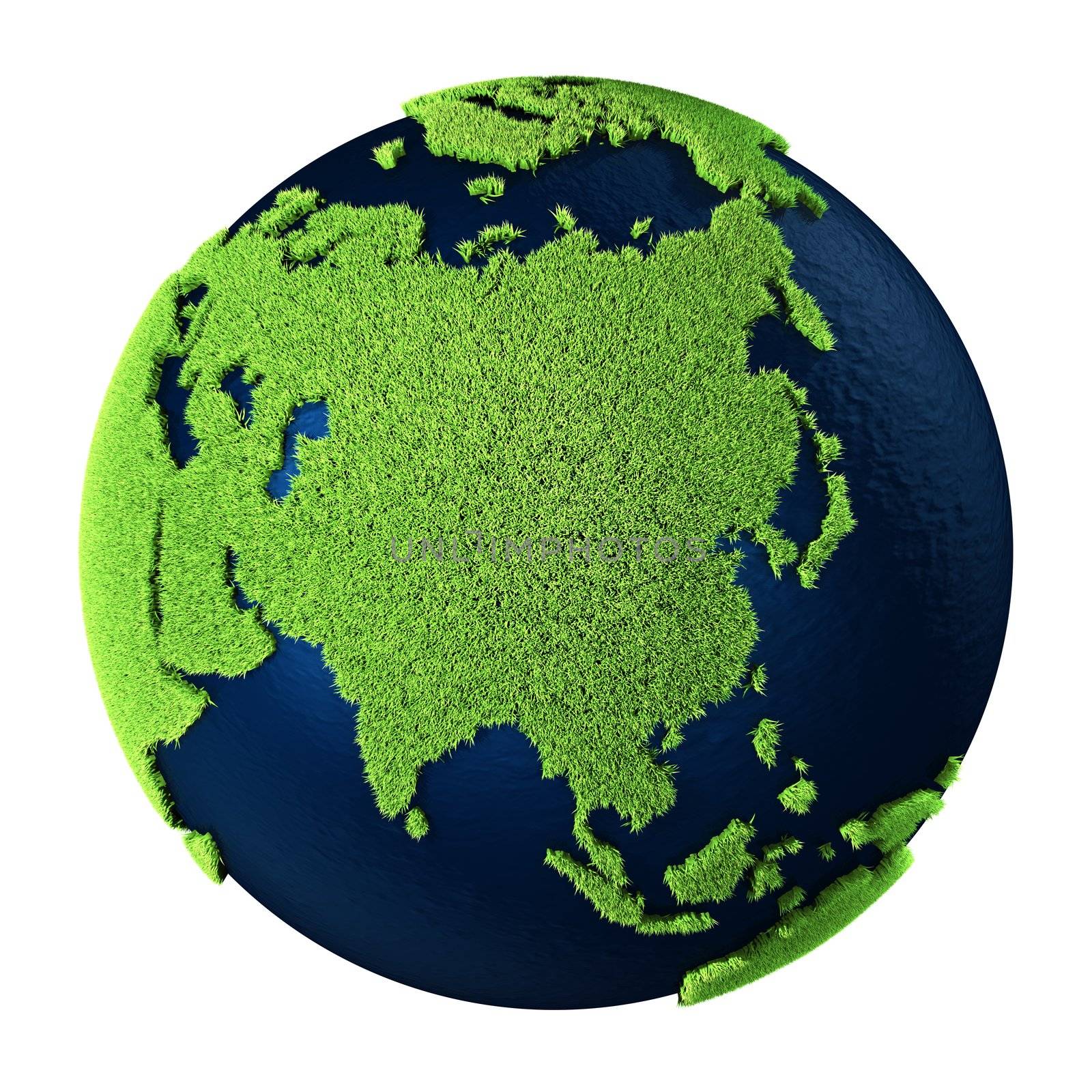 Grass Earth with blue oceans isolated on white background. Asia. 3d render