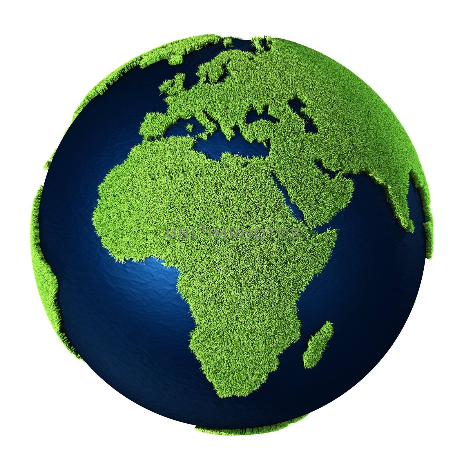 Grass Earth with blue oceans isolated on white background. Africa. 3d render