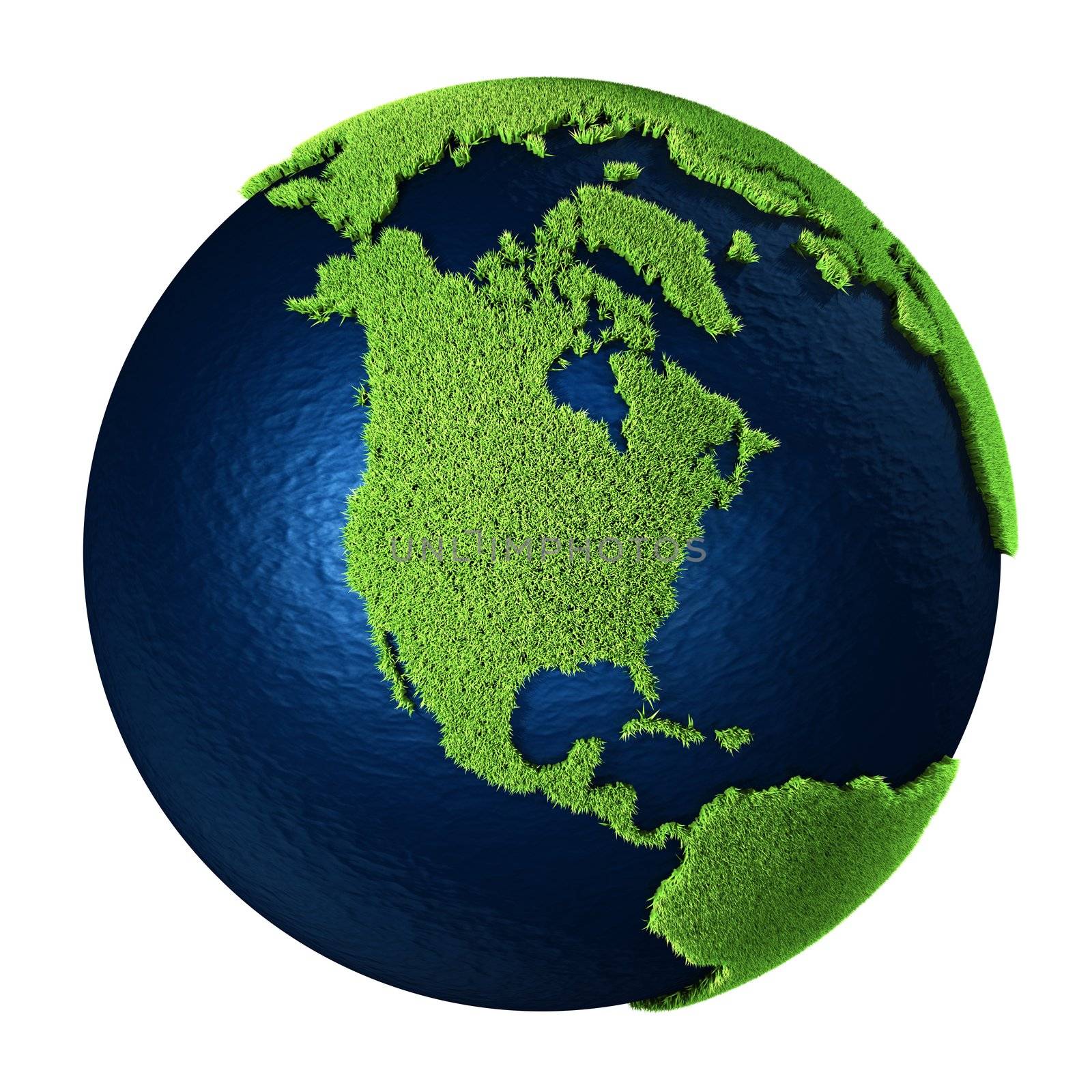 Grass Earth with blue oceans isolated on white background. North America. 3d render