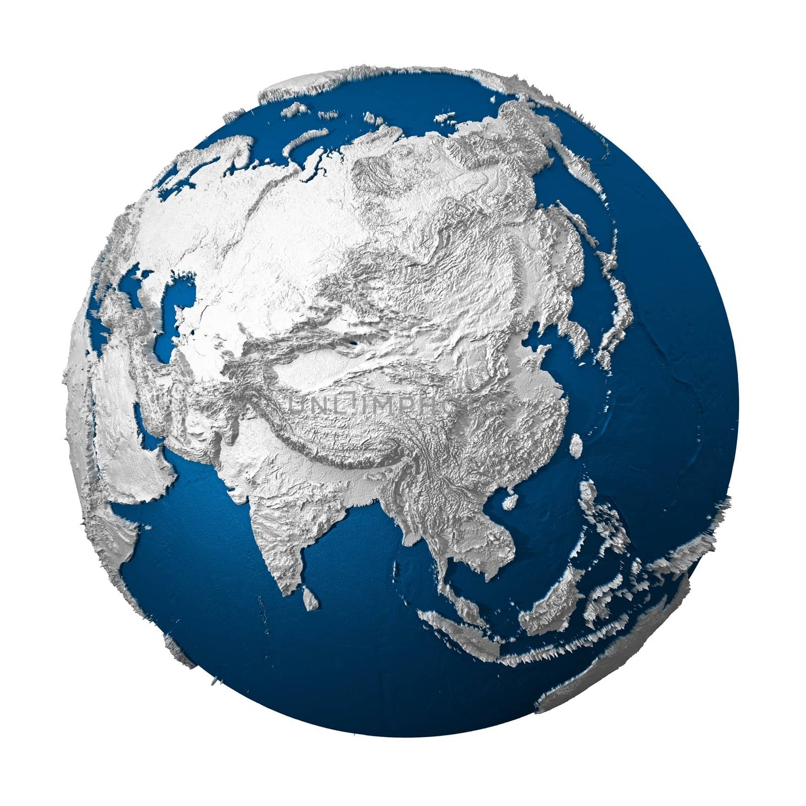 Artificial Earth - Asia. White lands and blue oceans. Detailed surface. 3d render