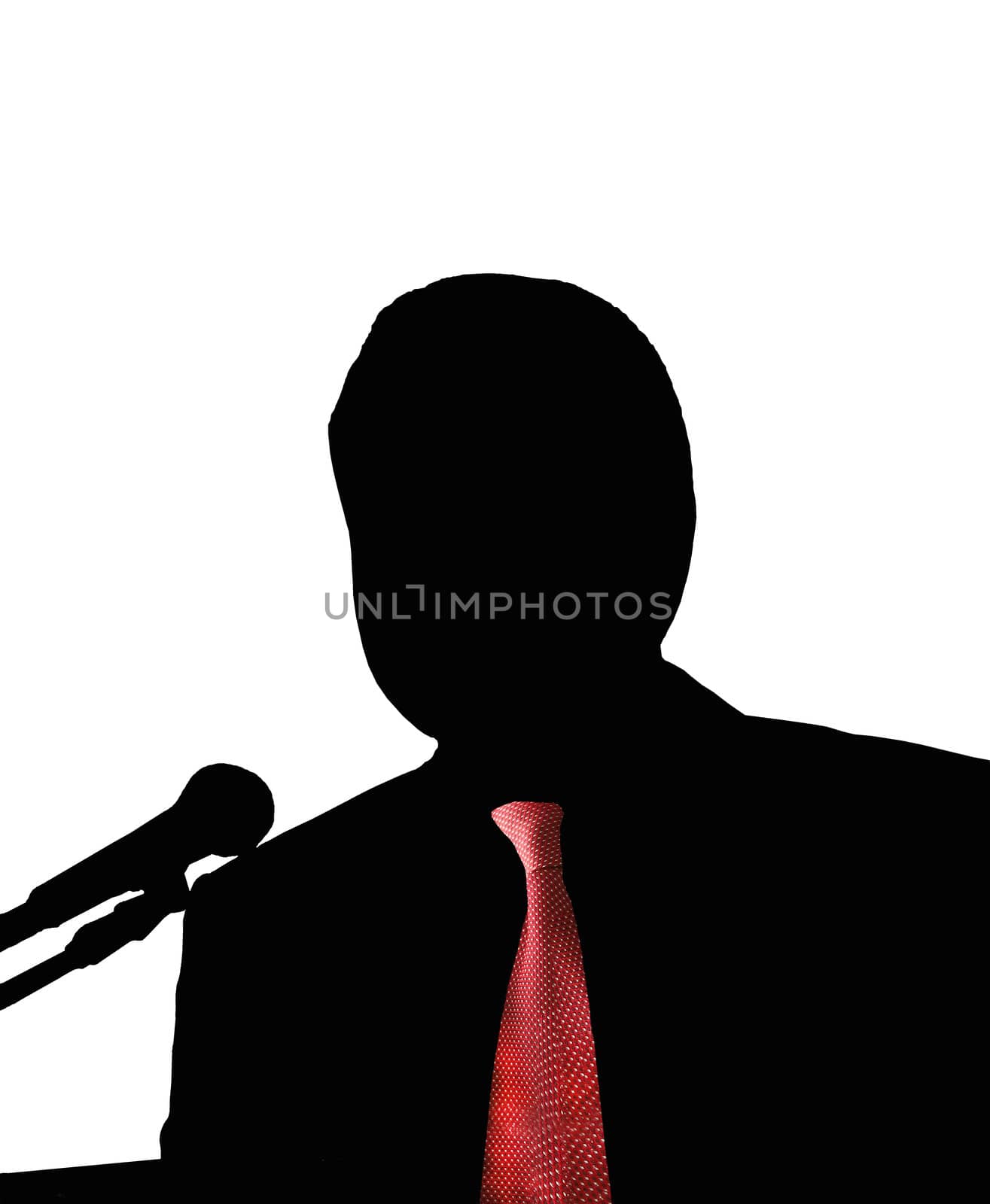 Silhouettes of the man with microphone and red tie on the white background