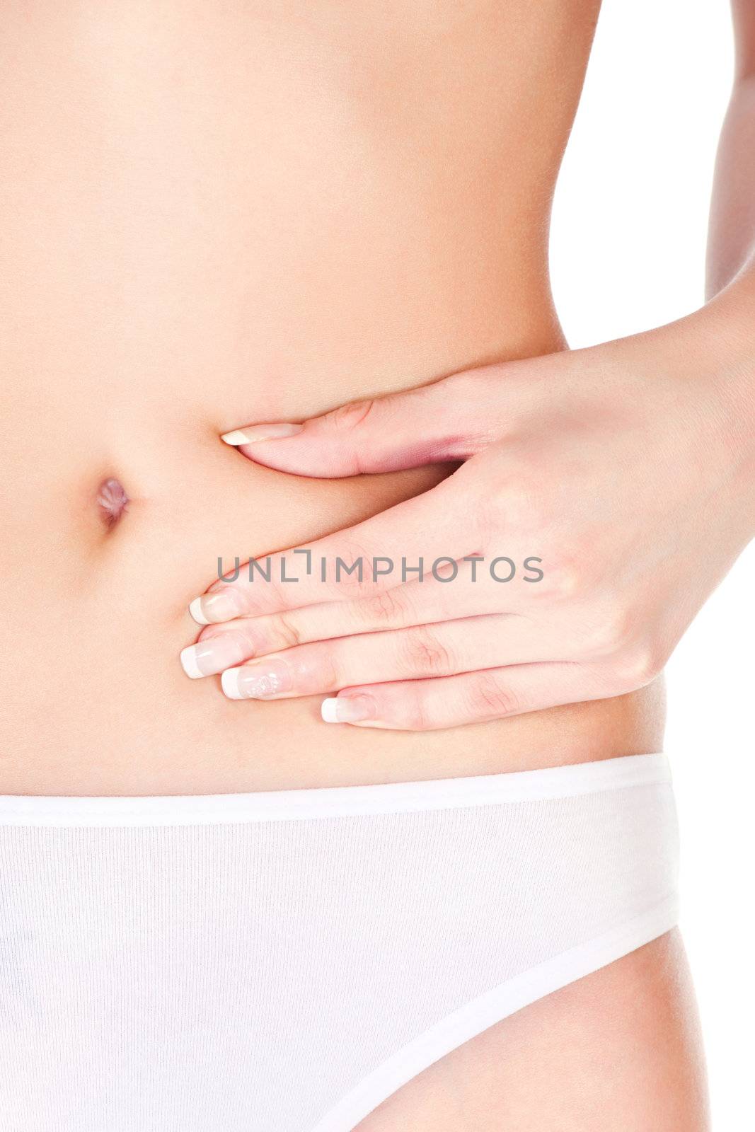 Woman pinching stomach for skin fold test, isolated on white. Health concept 