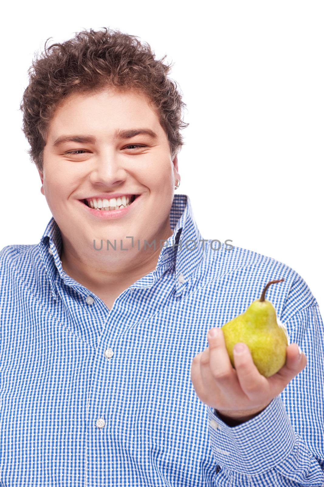 chubby man holding pear by imarin