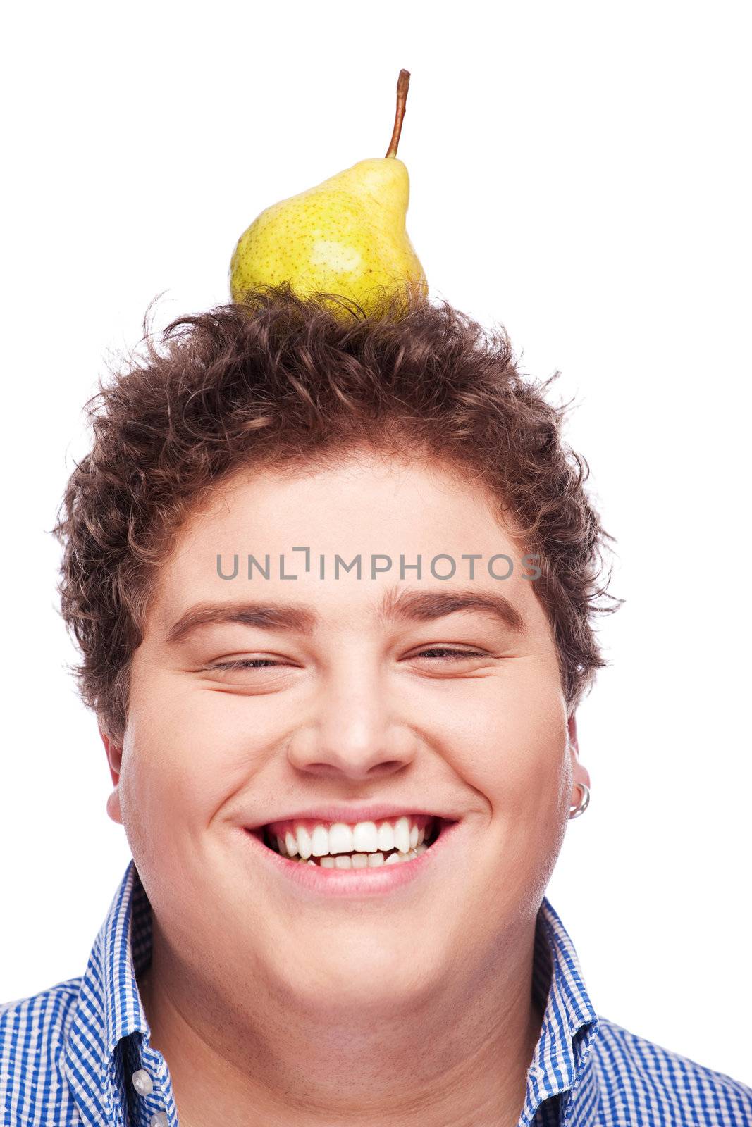 Happy chubby man holding pear, isolated on white