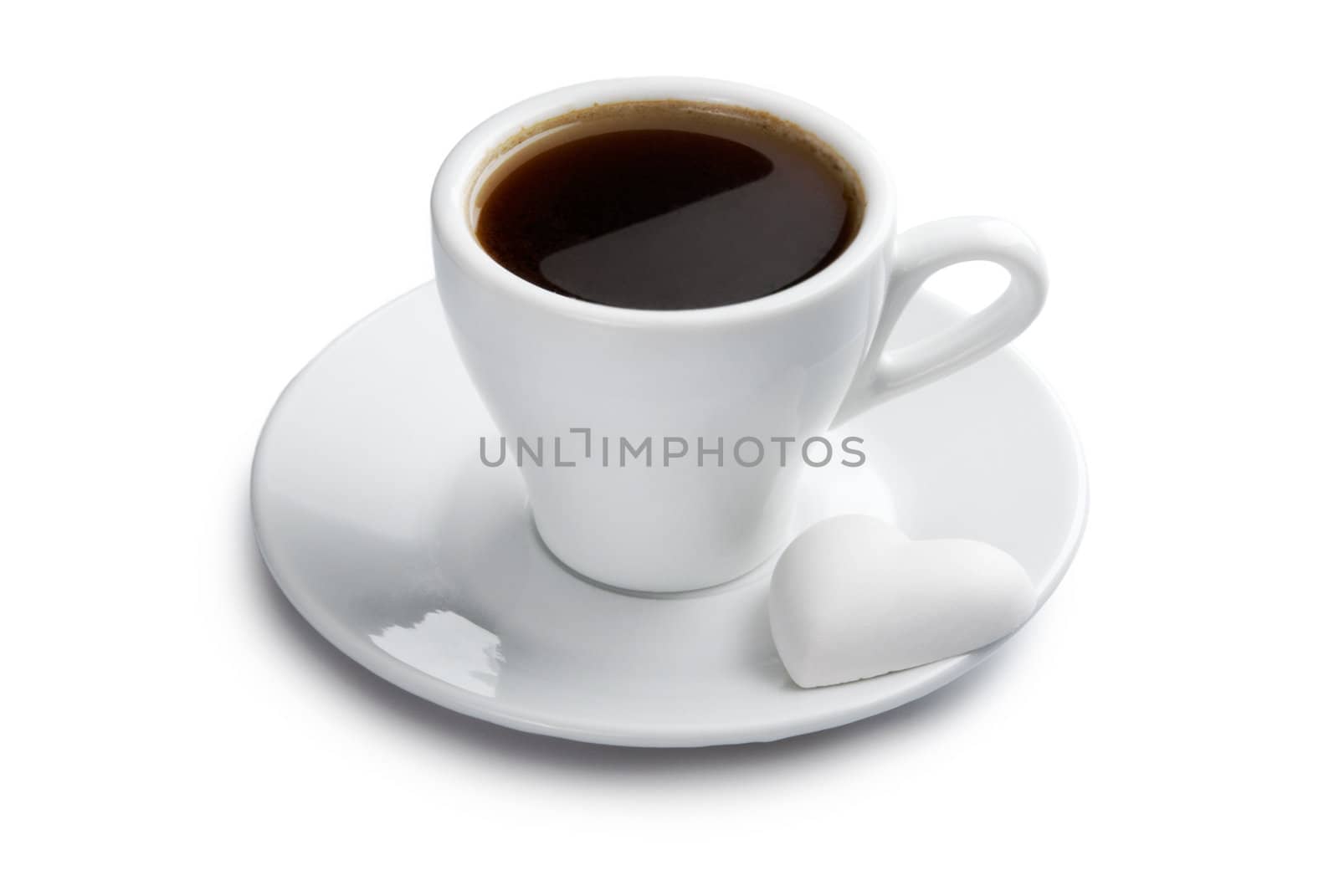 Cup of coffee with heart shape cookie. Isolated with clipping path on white background