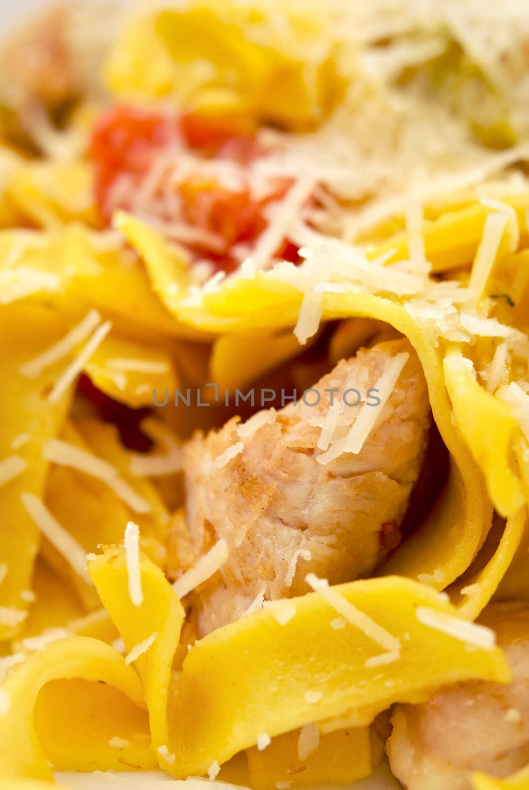 Spaghetti pasta with cheese, chicken and tomato by kirs-ua