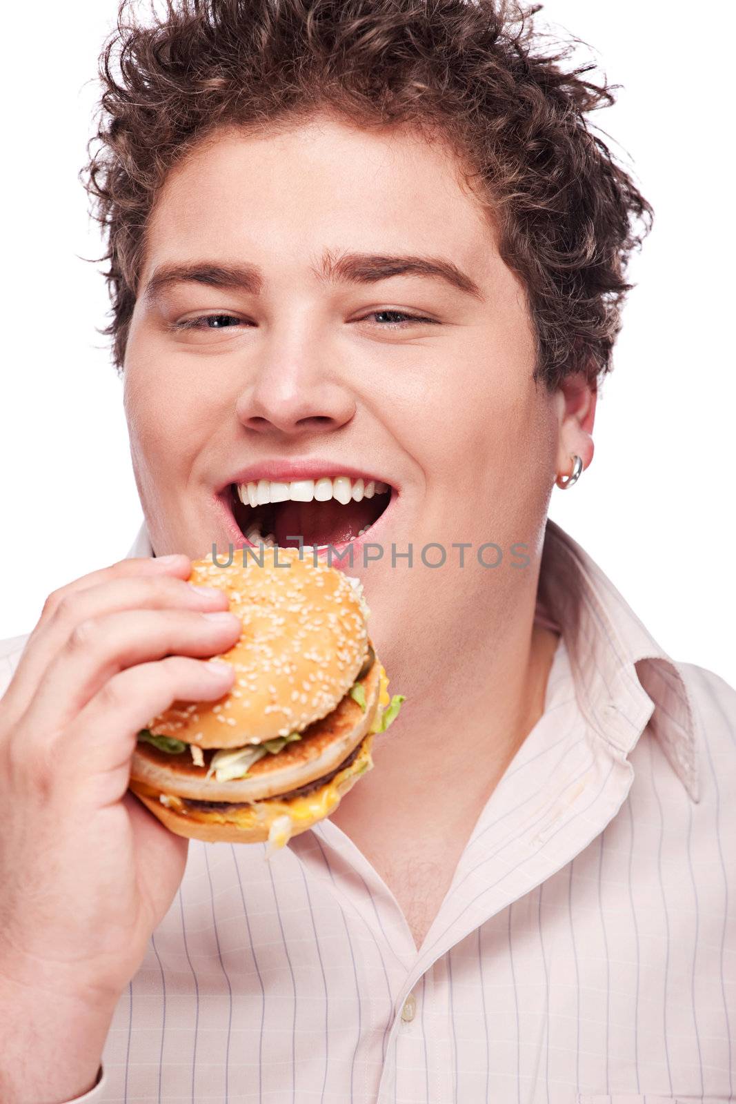 Cute chubby eating a hamburger