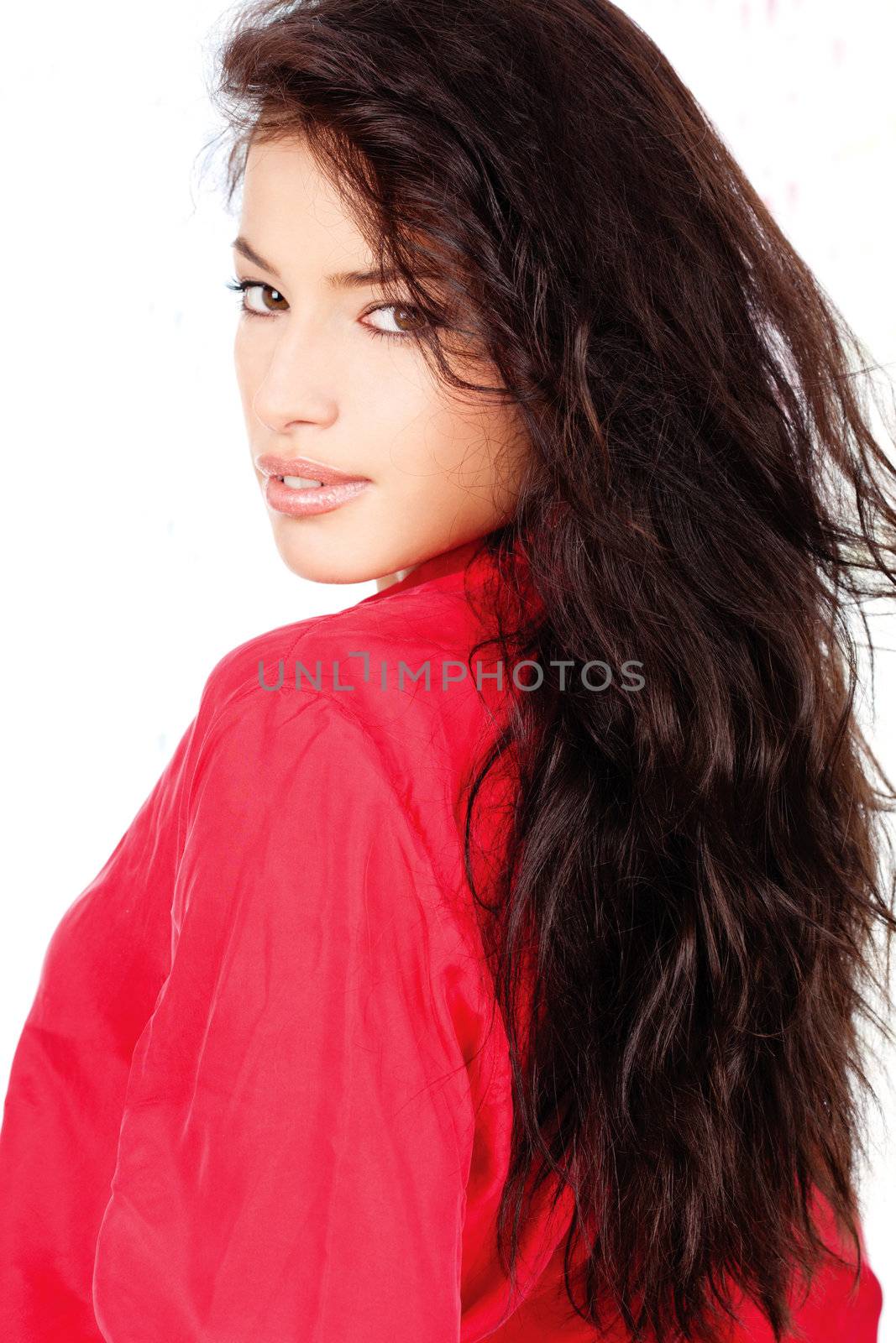 pretty young black hair woman in a red shirt