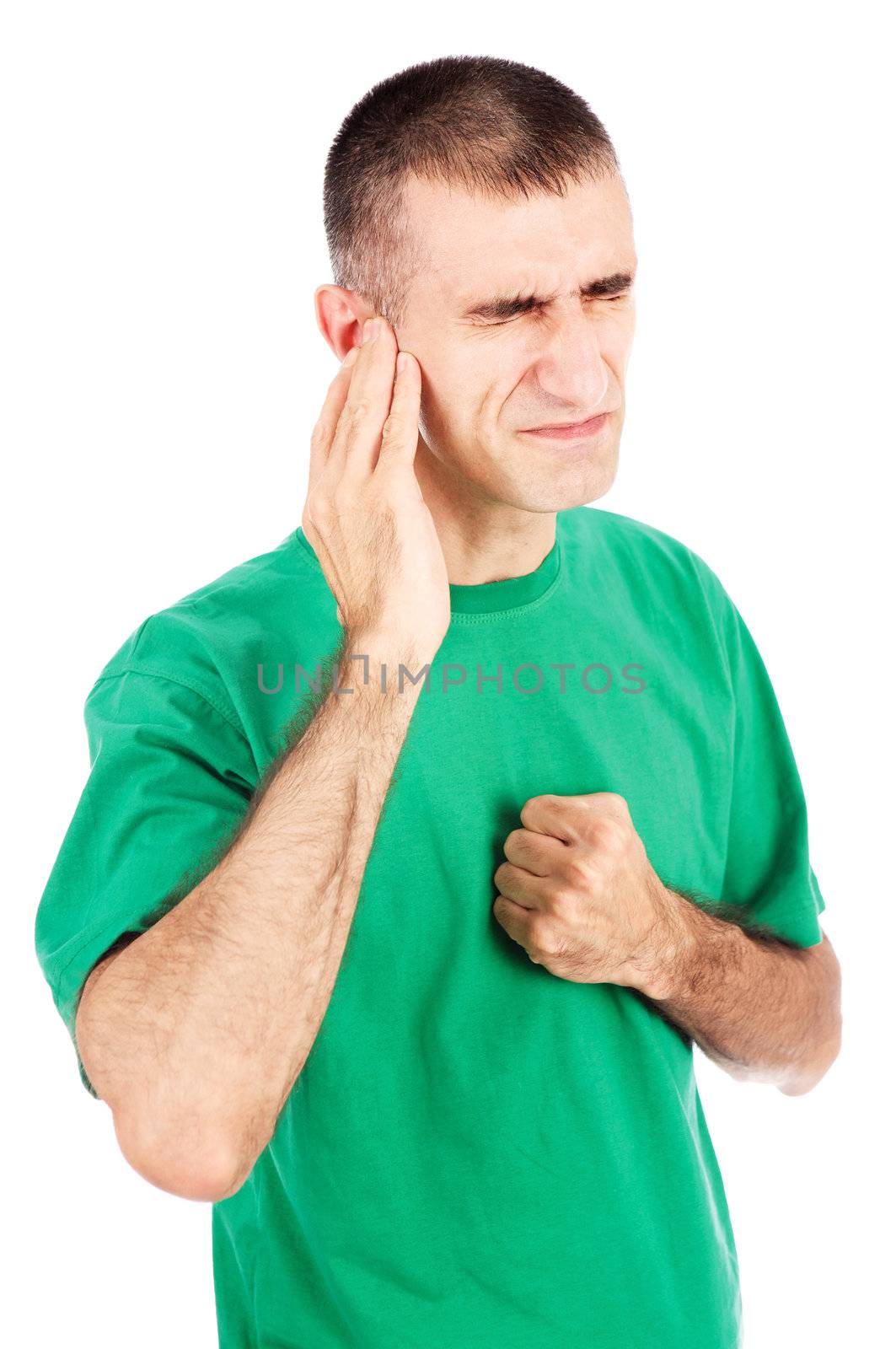 Man feeling pain in ear, isolated on white background