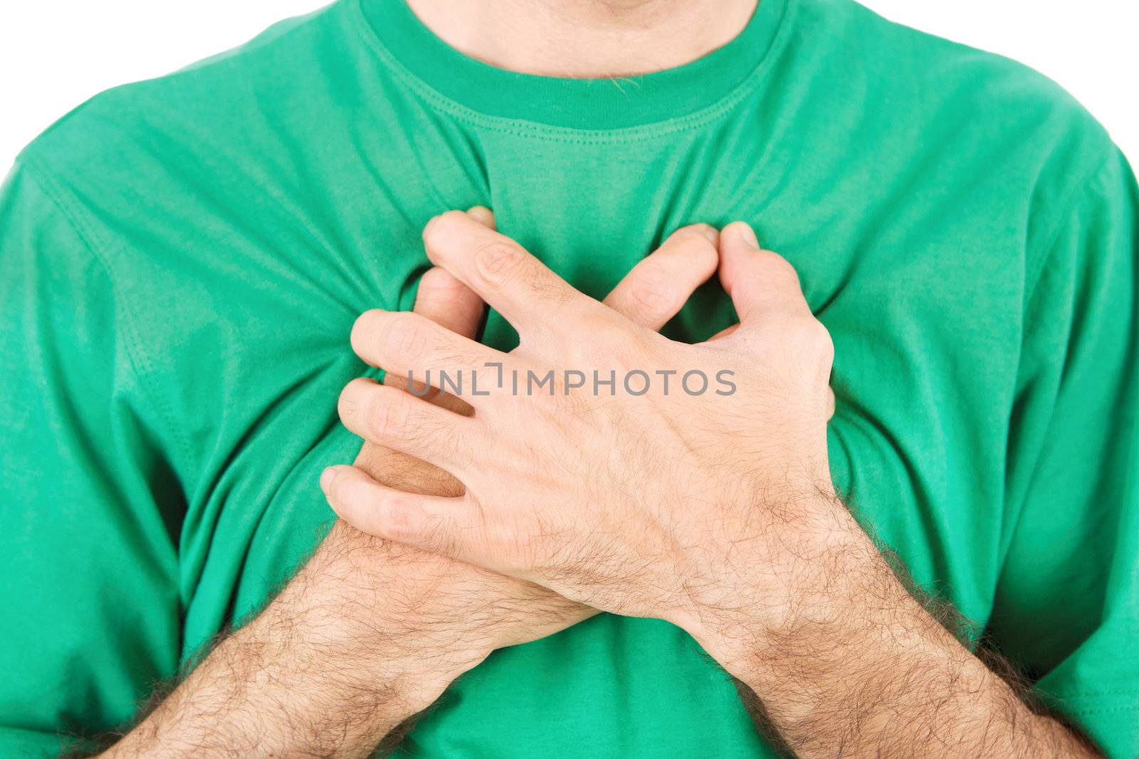 Both man's hands on breast because of hard breathing, horizontal, isolated on white