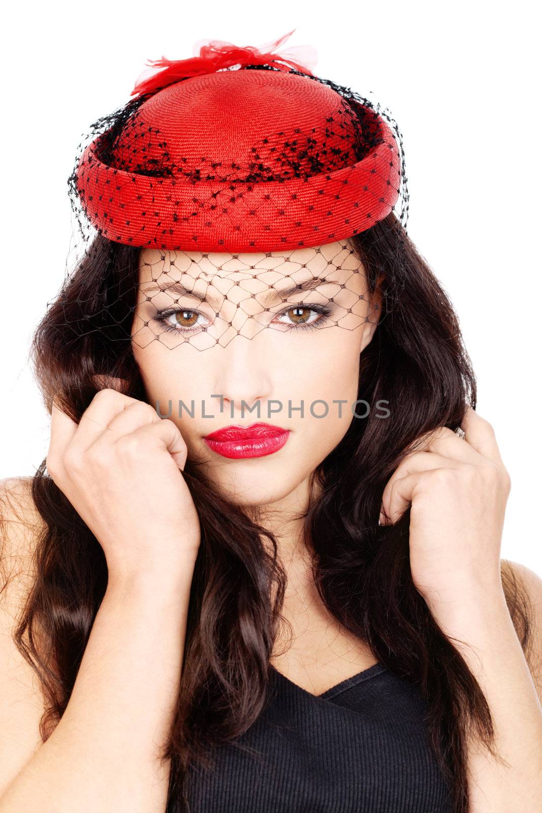 Pretty black hair woman with red hat and black mesh, isolated on white