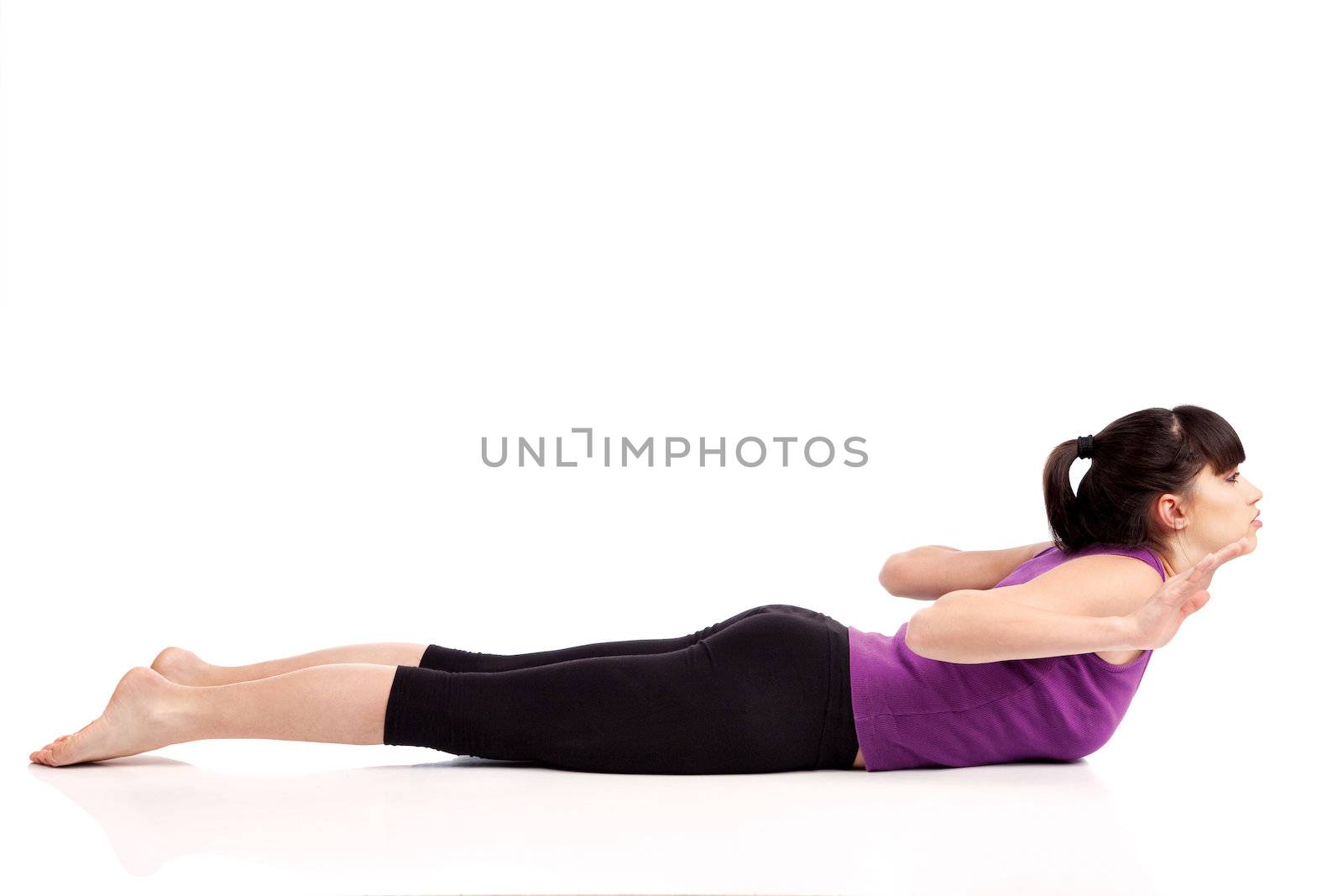 Woman doing extension exercise, isolated on white
