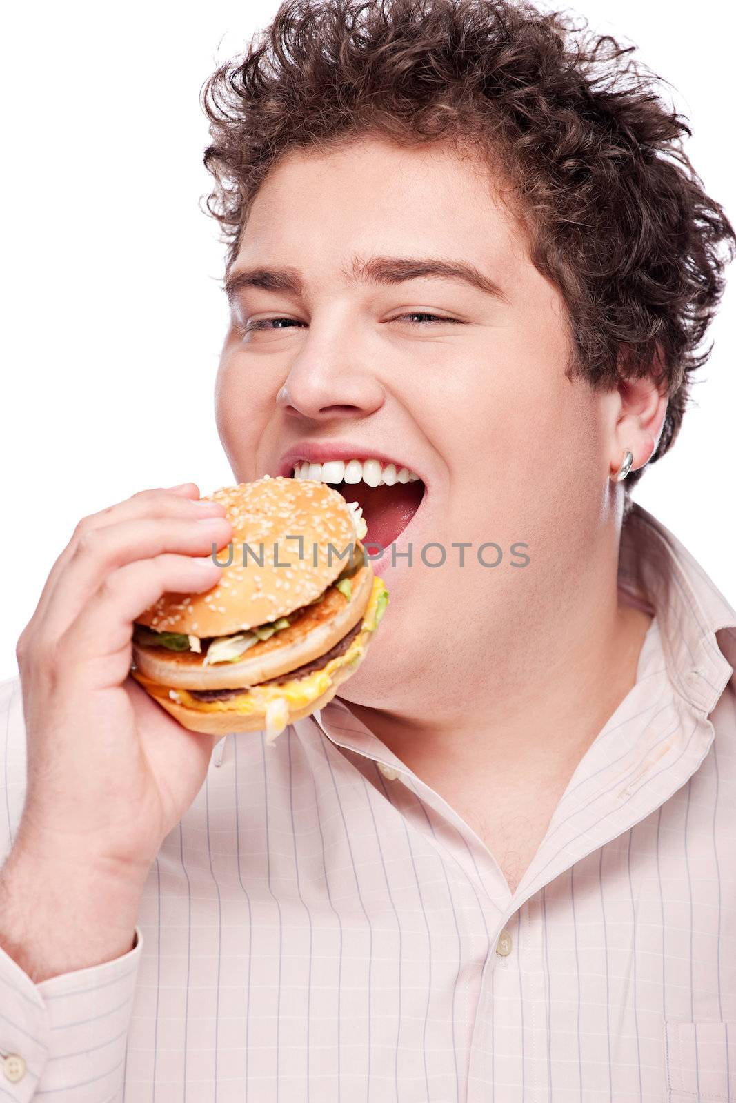 Cute chubby eating a hamburger, isolated on white