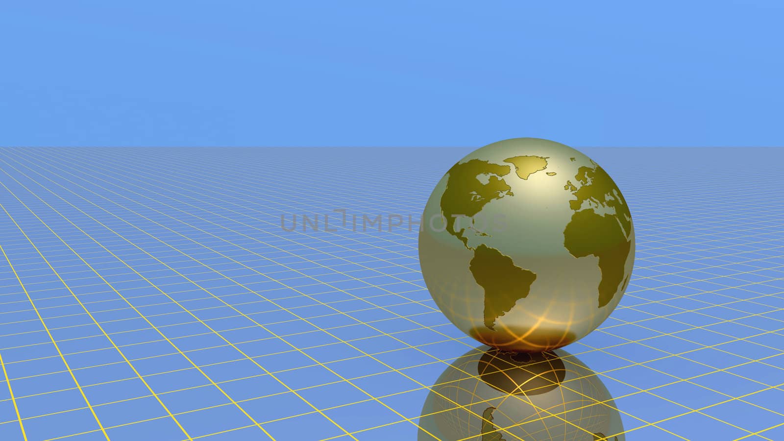  Abstract globe over grid and sky, 3d illustration.
