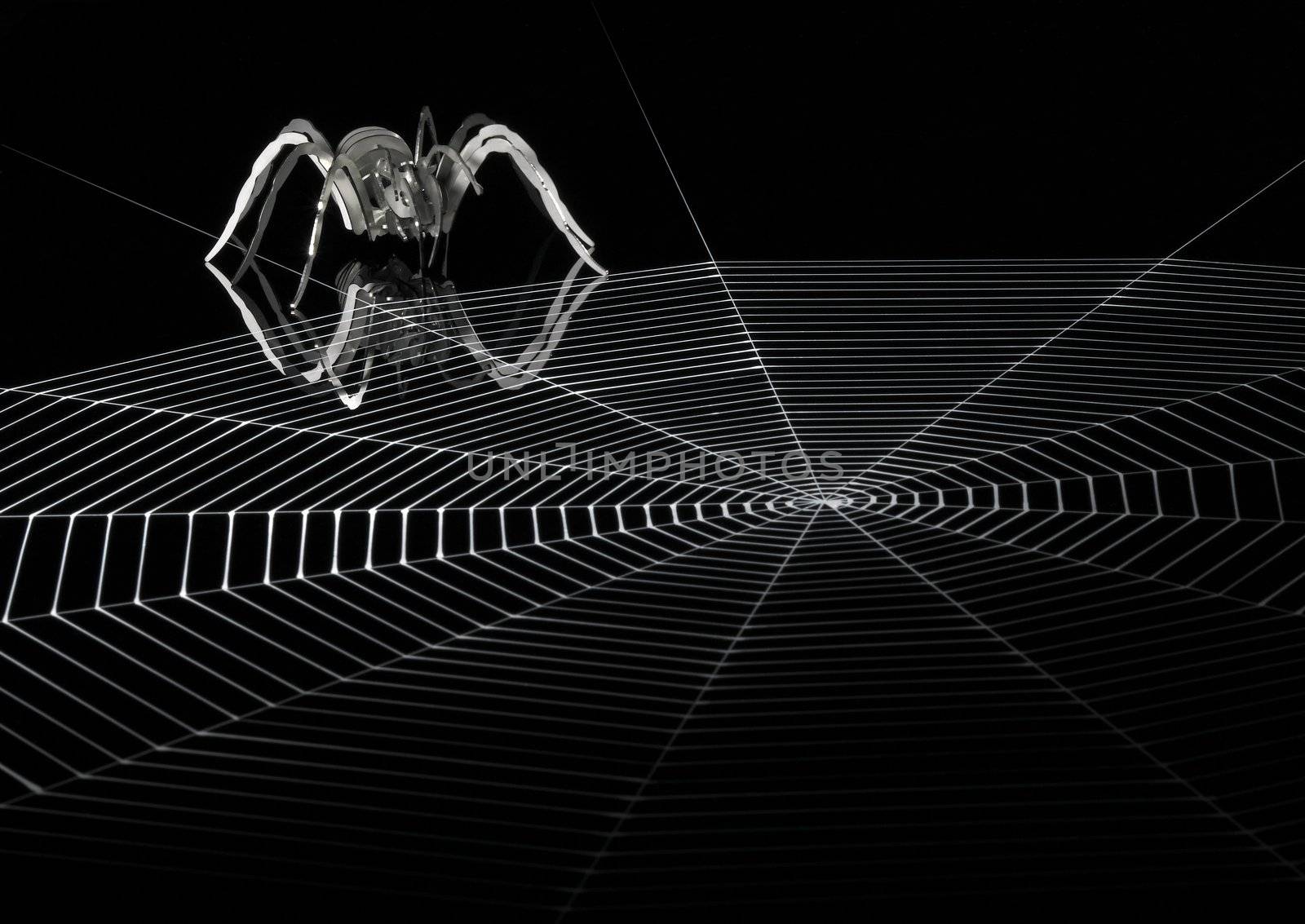 symbolic spider made of metal while lurking for prey at the edge of a painted spider web