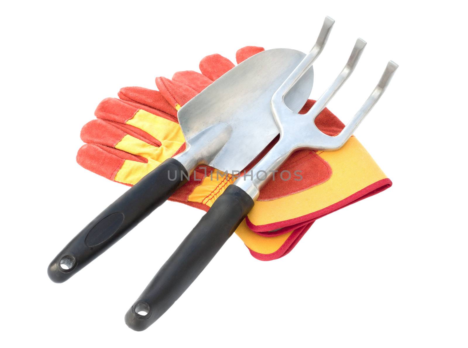 Gloves and  gardener tool on a white background