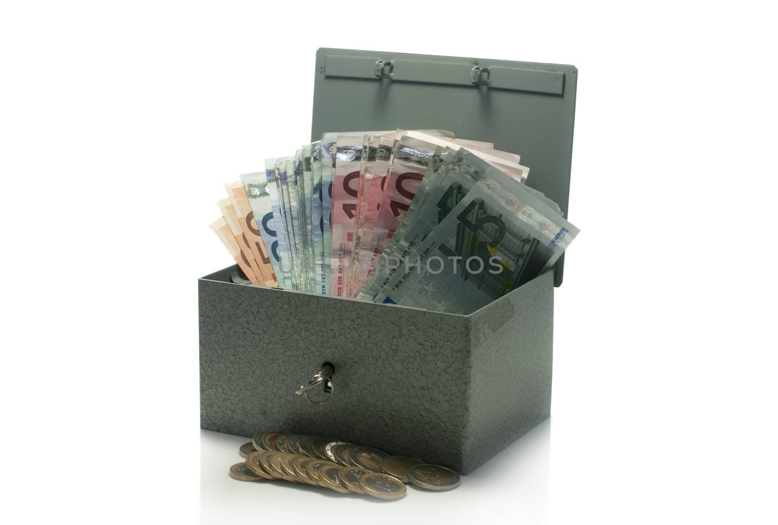 strongbox with euro money isolated on white