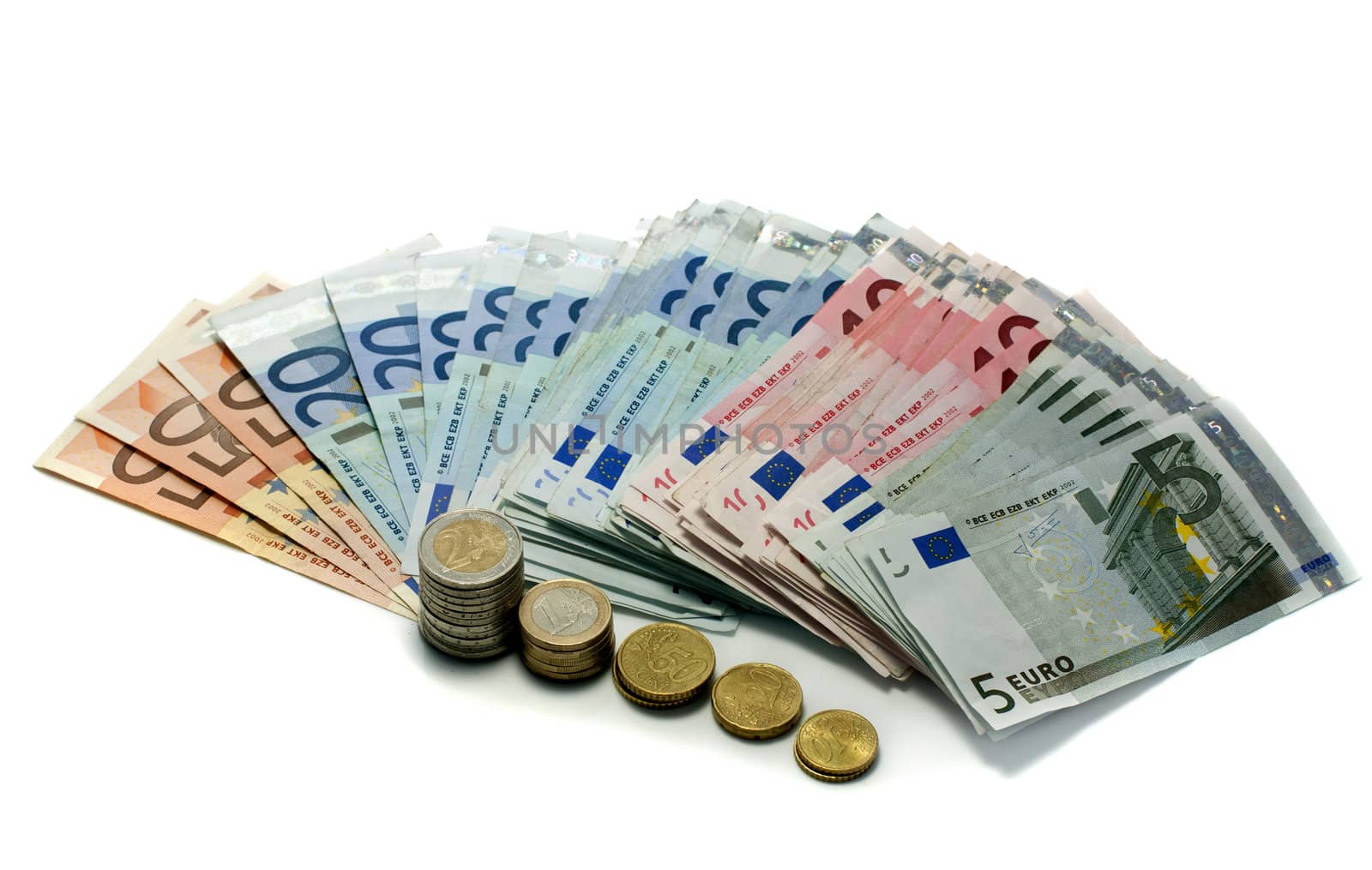 euro money paper and coins on ioalted white