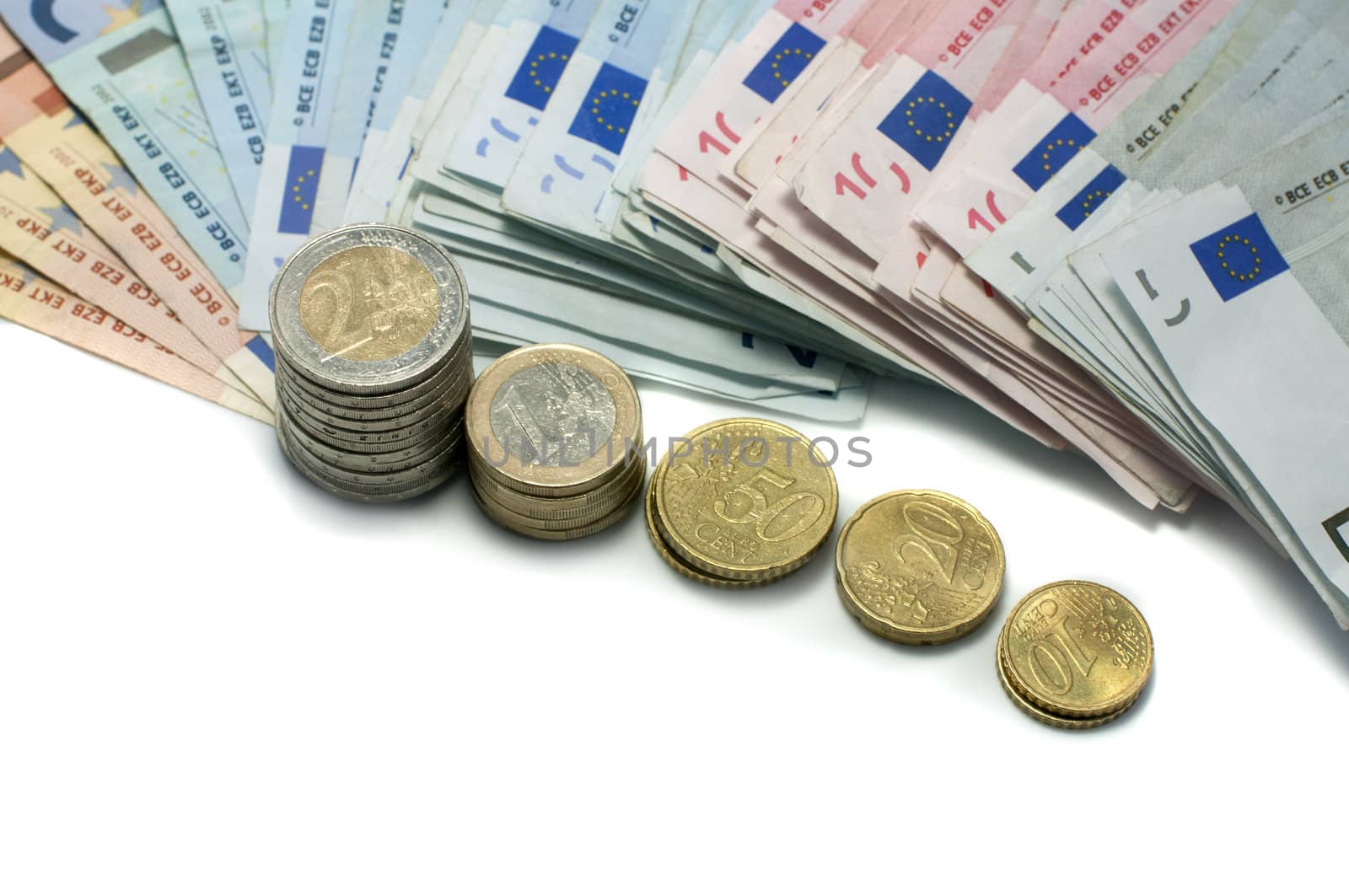 euro money paper and coins on ioalted white