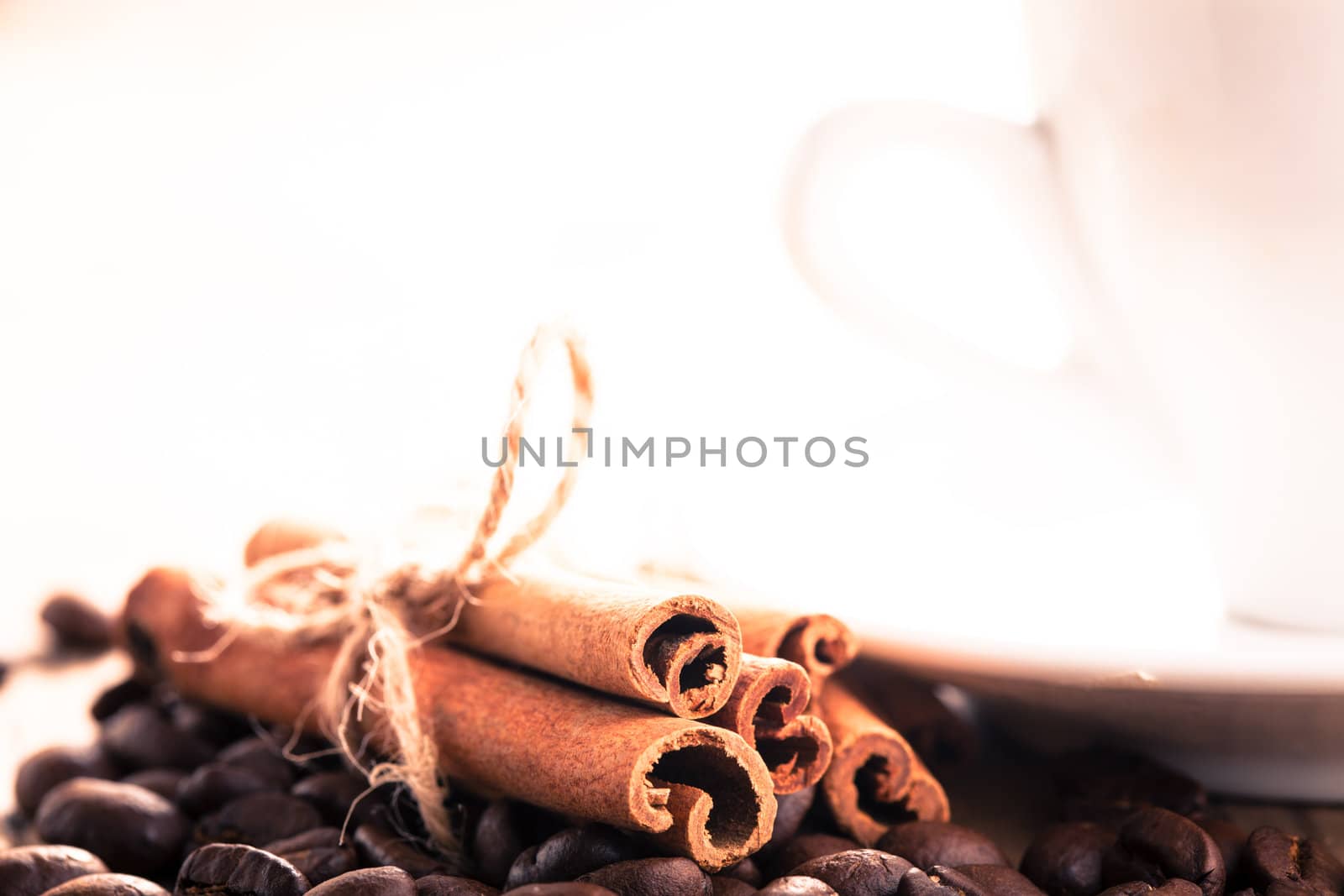 Coffee beans and cinnamon sticks close up