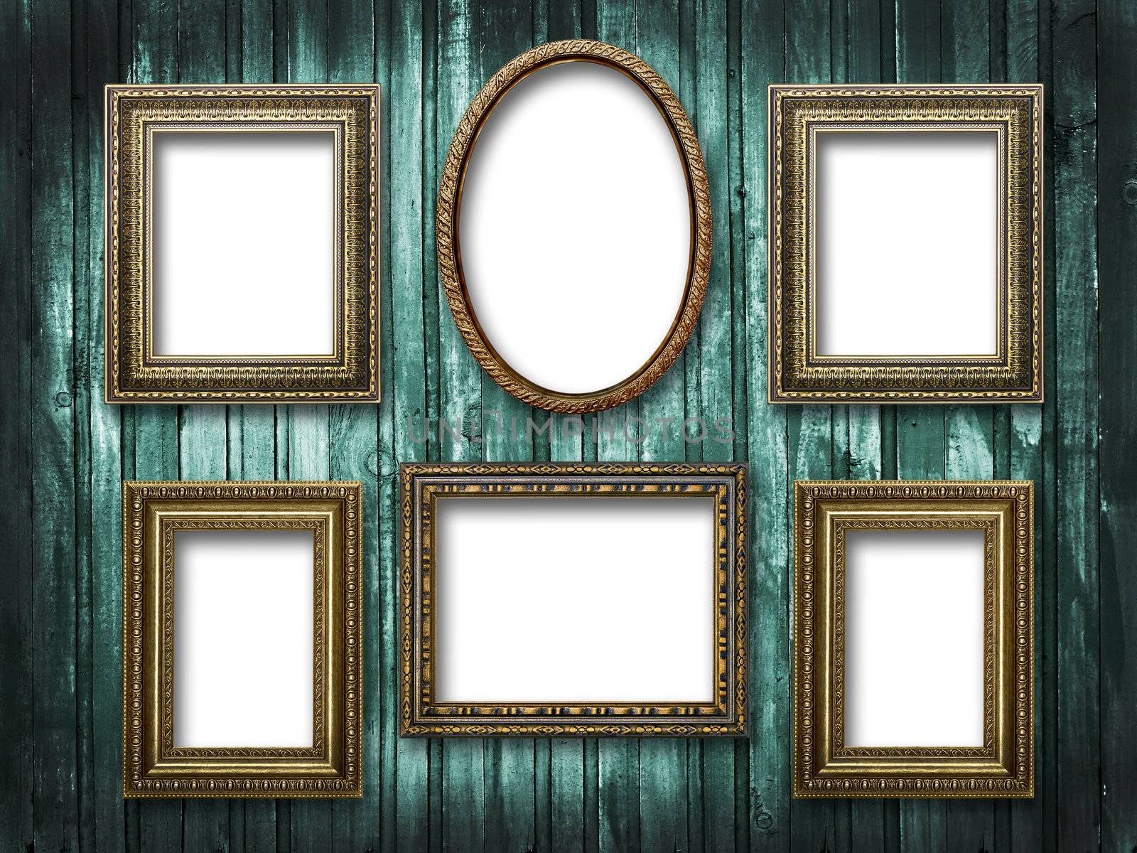  six picture frames on a wooden background grunge by Plus69