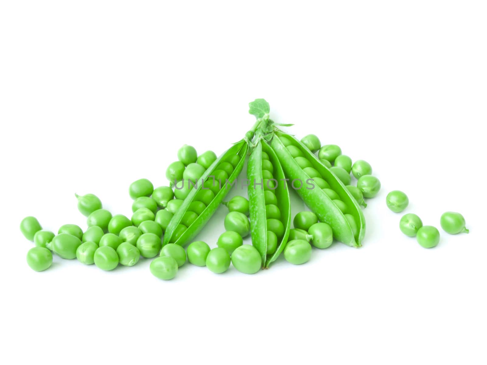 Three fresh isolated opened peas pod on a white background