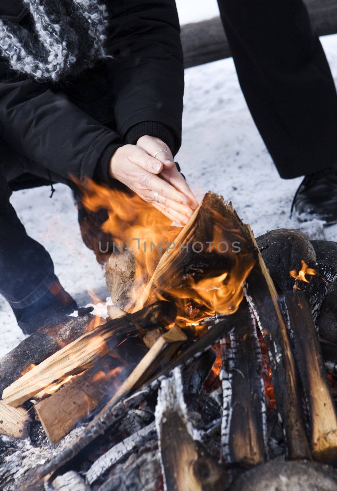 Campfire with selective focus in the winter