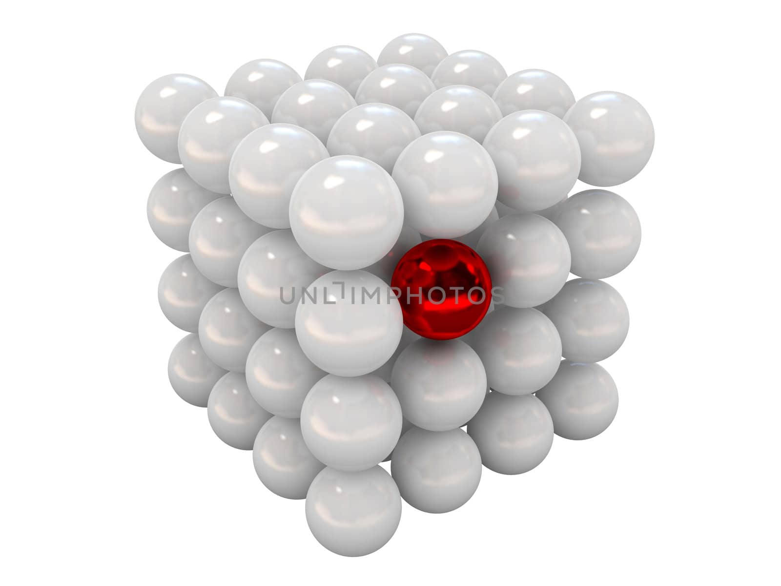 The red ball in a group of white balls