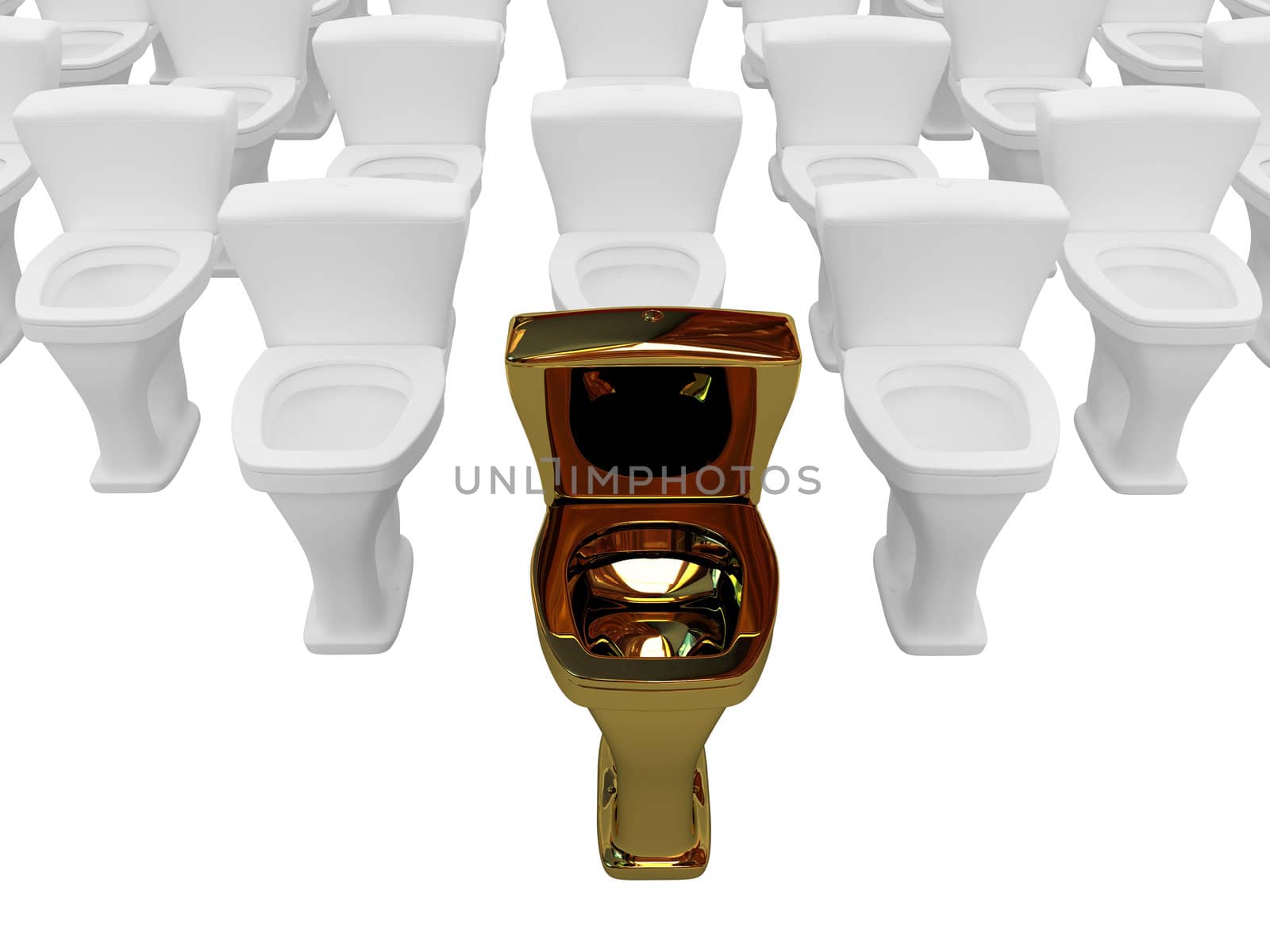 The golden toilet on a white background