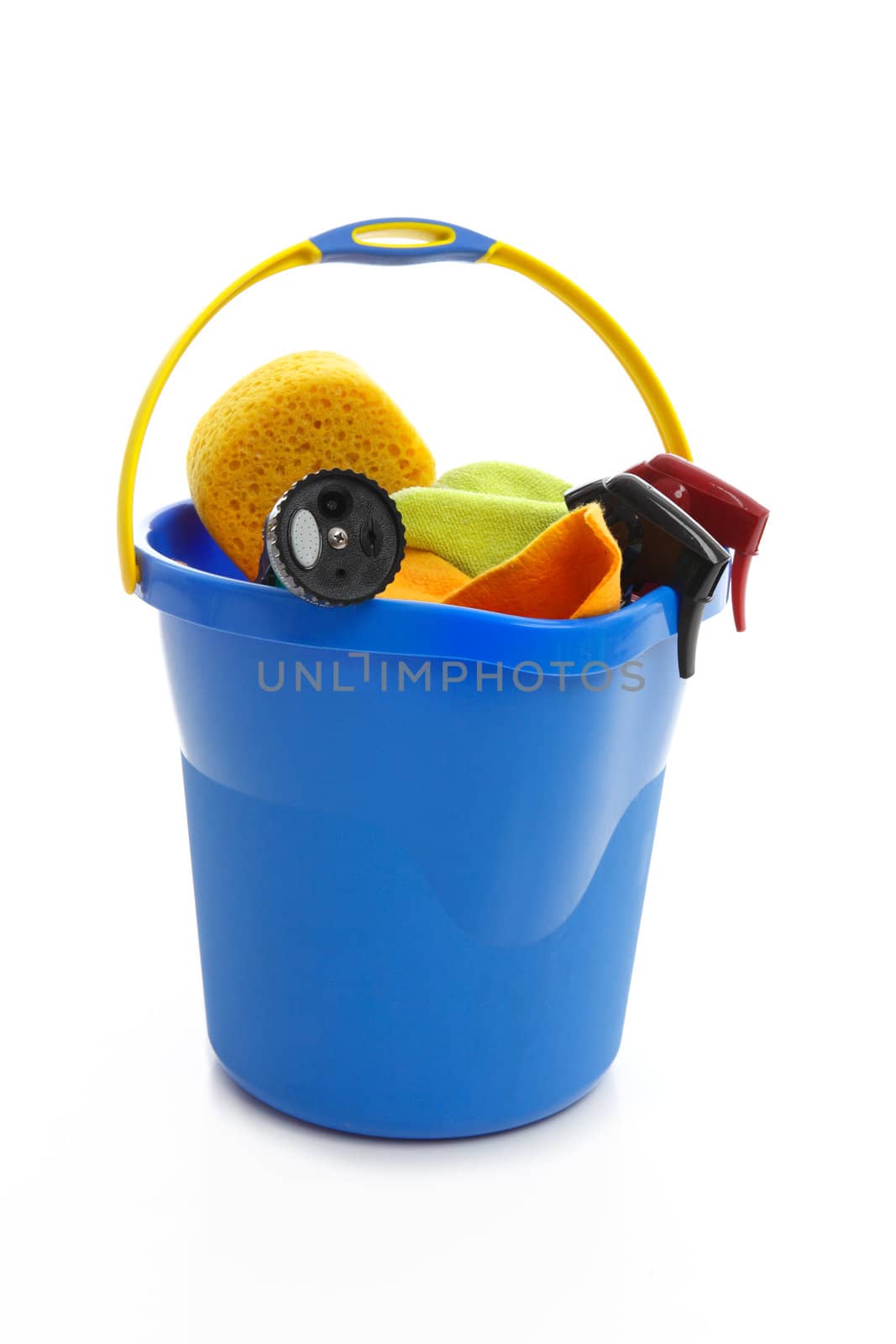 A bucket holding car cleaning products.
