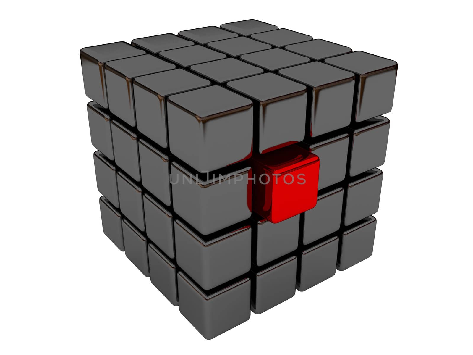 One red cube between the black cubes