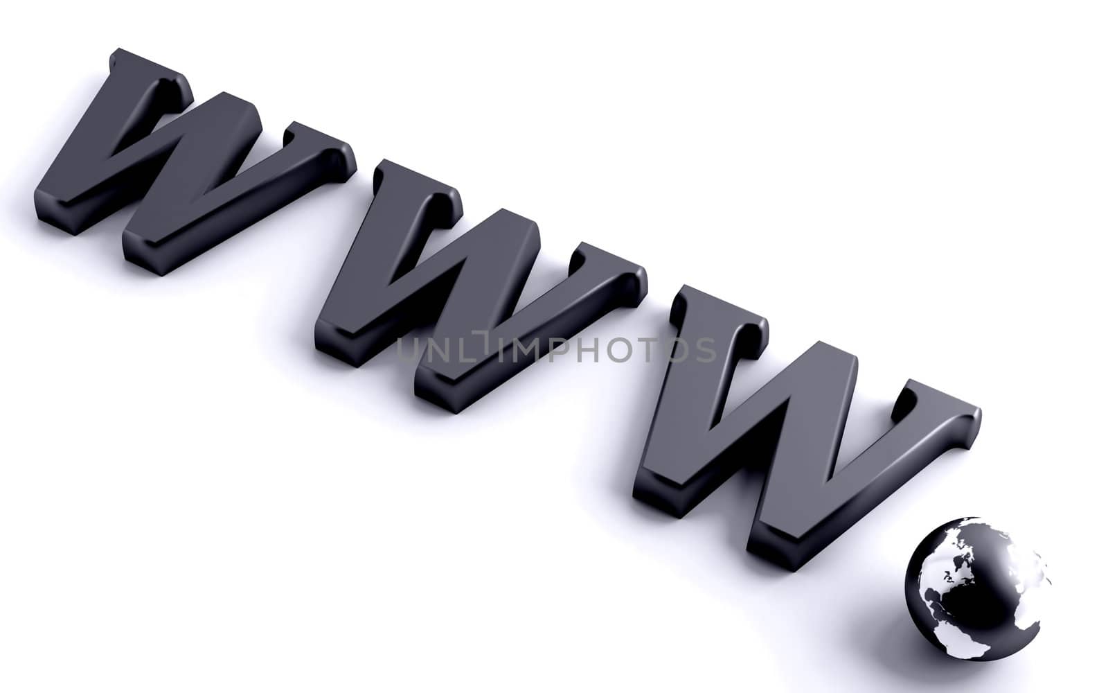 Dark metallic letters www and the globe on a white background