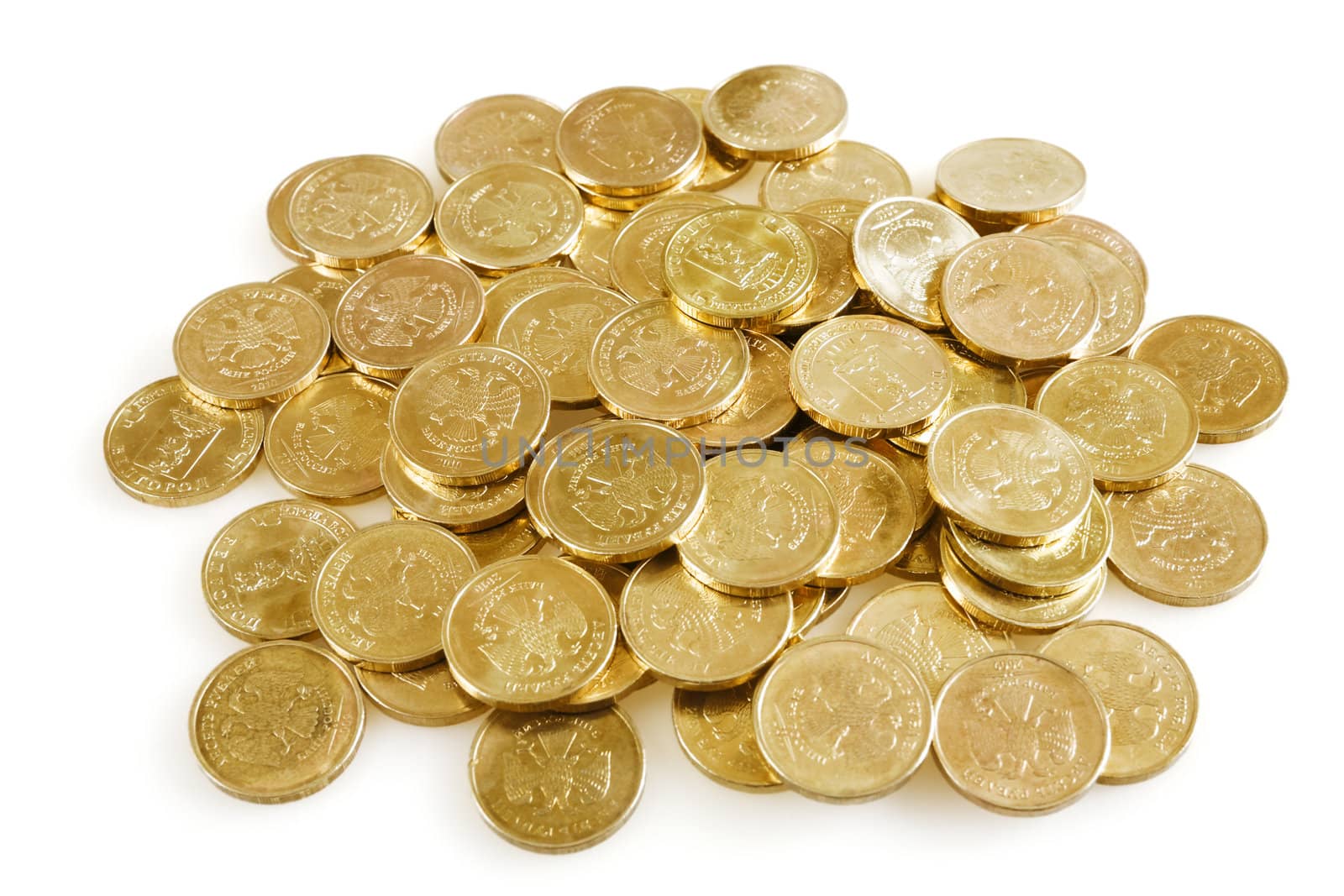 pile of brilliant metallic coins on a white background by Serp