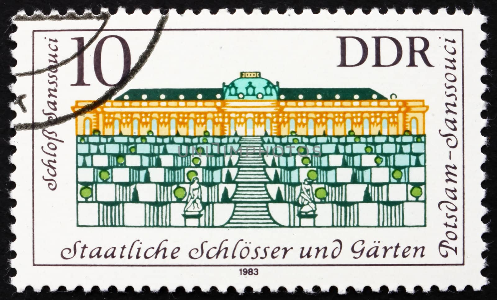 GDR - CIRCA 1983: a stamp printed in GDR shows Sanssouci Palace, Summer Palace of Frederick the Great, King of Prussia, Potsdam Gardens, Germany, circa 1983