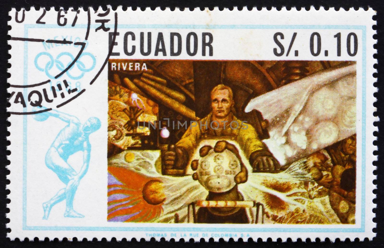 ECUADOR - CIRCA 1967: a stamp printed in the Ecuador shows Wanderer, Painting by Diego Rivera, Summer Olympics, Mexico City 68, circa 1967