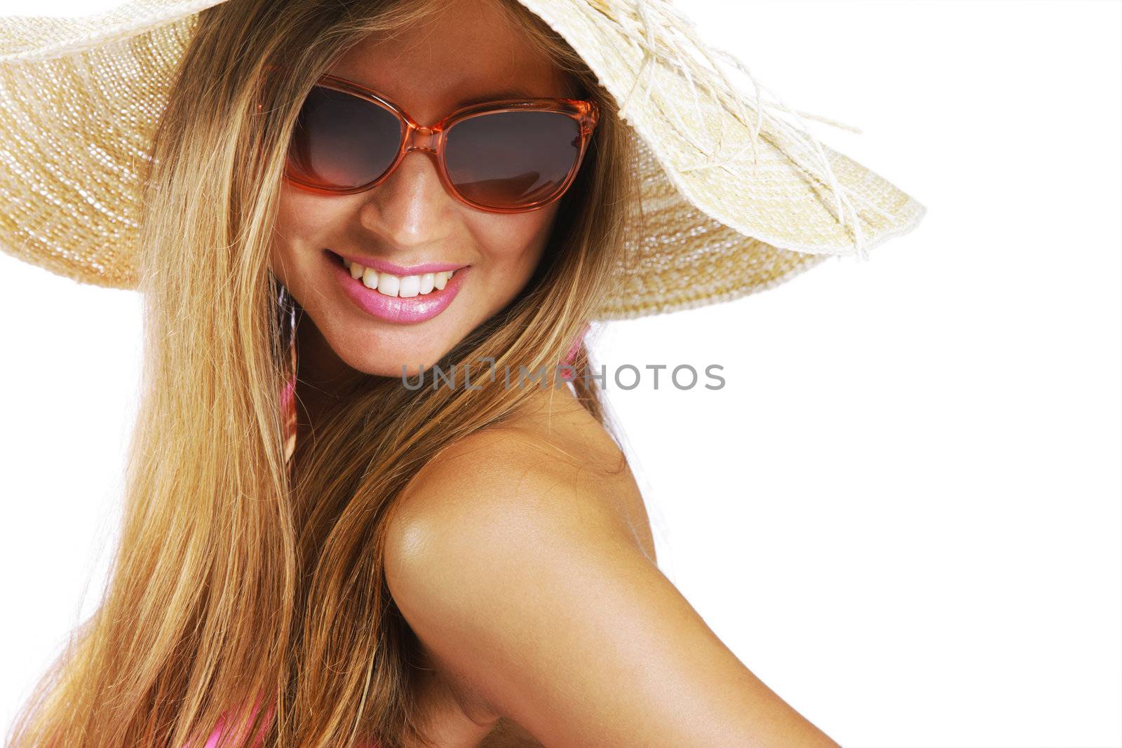 Summer time: Young woman portrait on white background, copy space