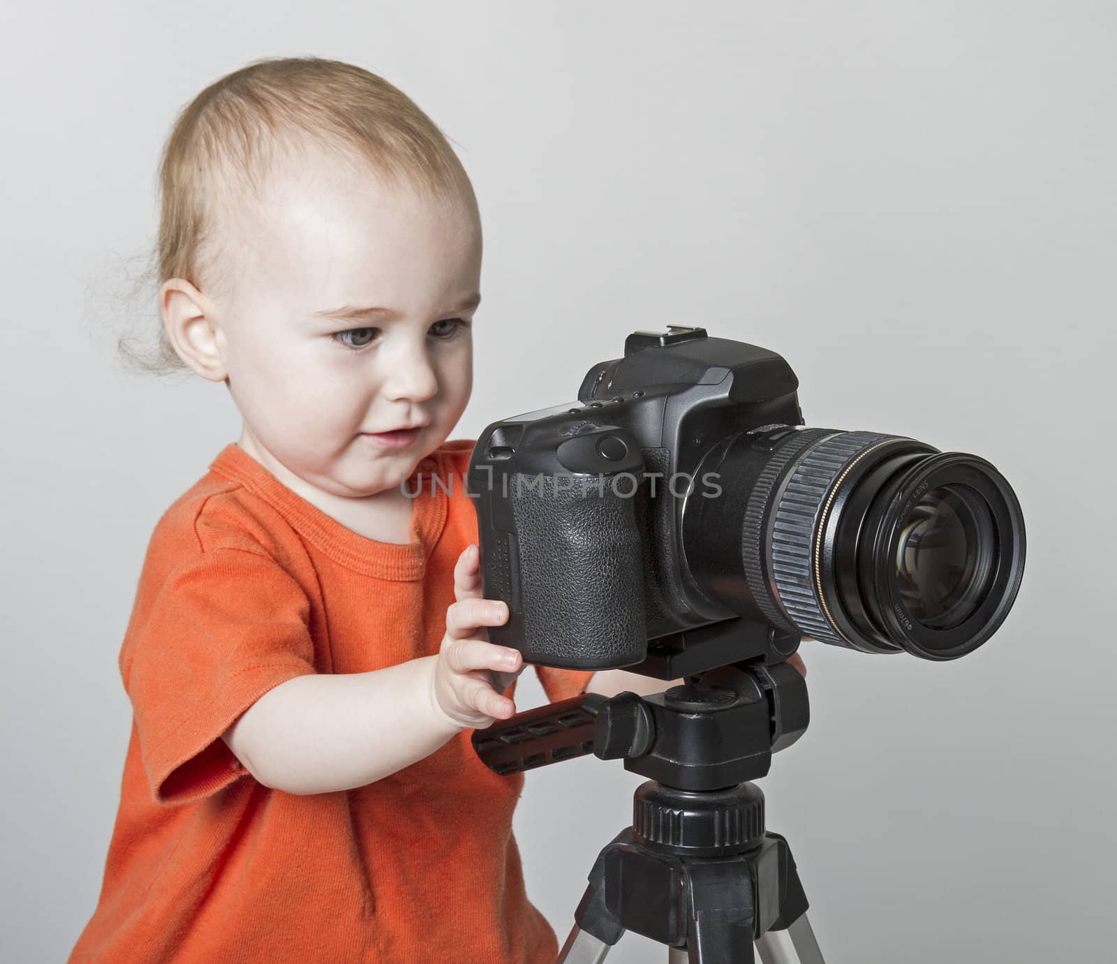 young child playing with digital SLR camera. Neutral grey background