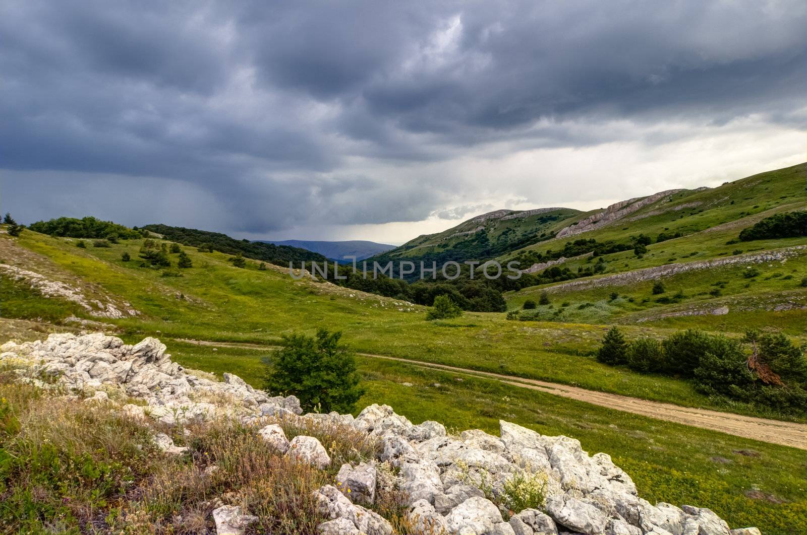 Sunny day on mountain plateau, Crimea, Ukraine