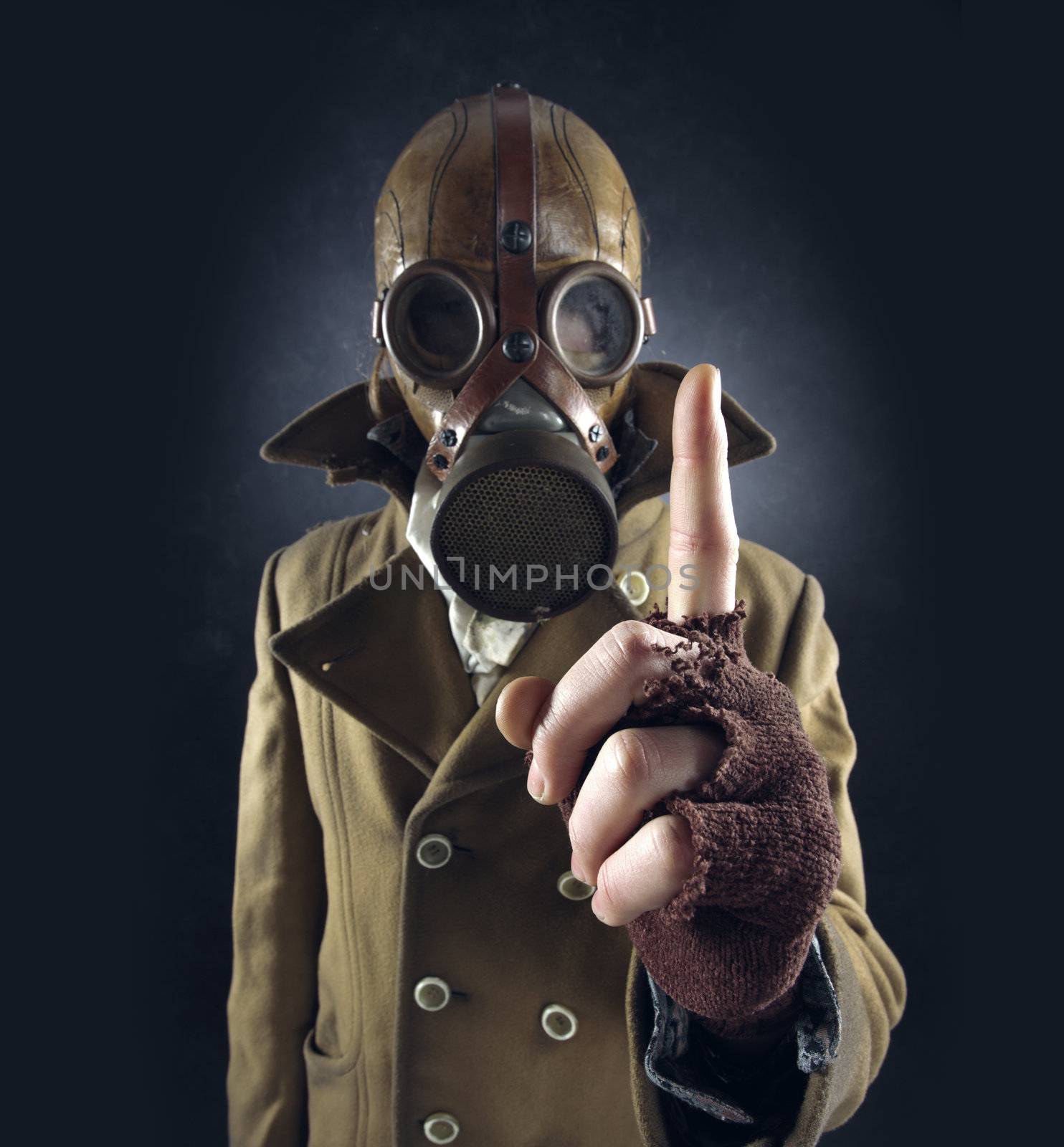grunge portrait man in gas mask 