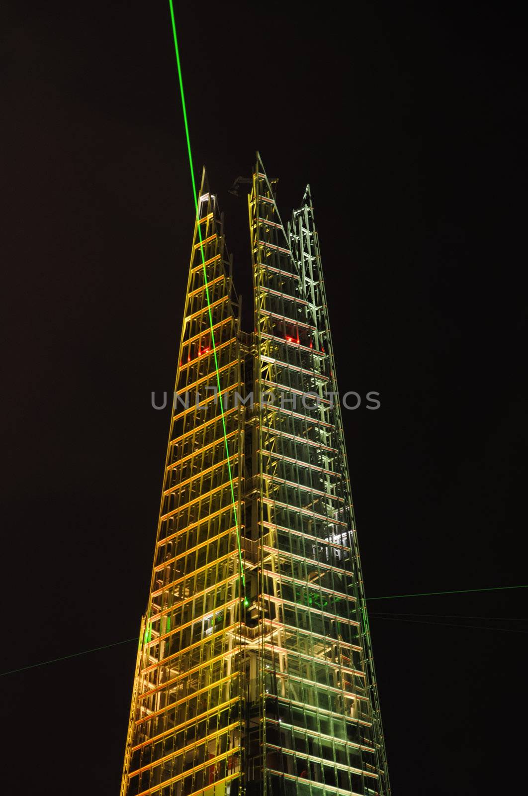 London, UK, Thursday July 5, 2012. The Shard is opened with a light and laser show. The Shard is the tallest building in Europe with 309,6 metres (1016 ft).