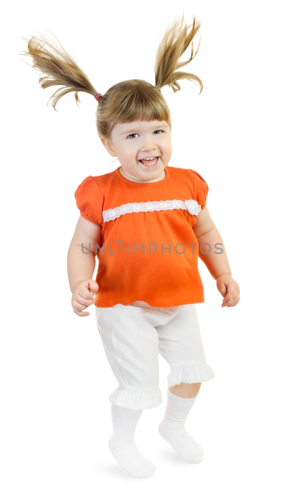 Jumping little girl isolated on white