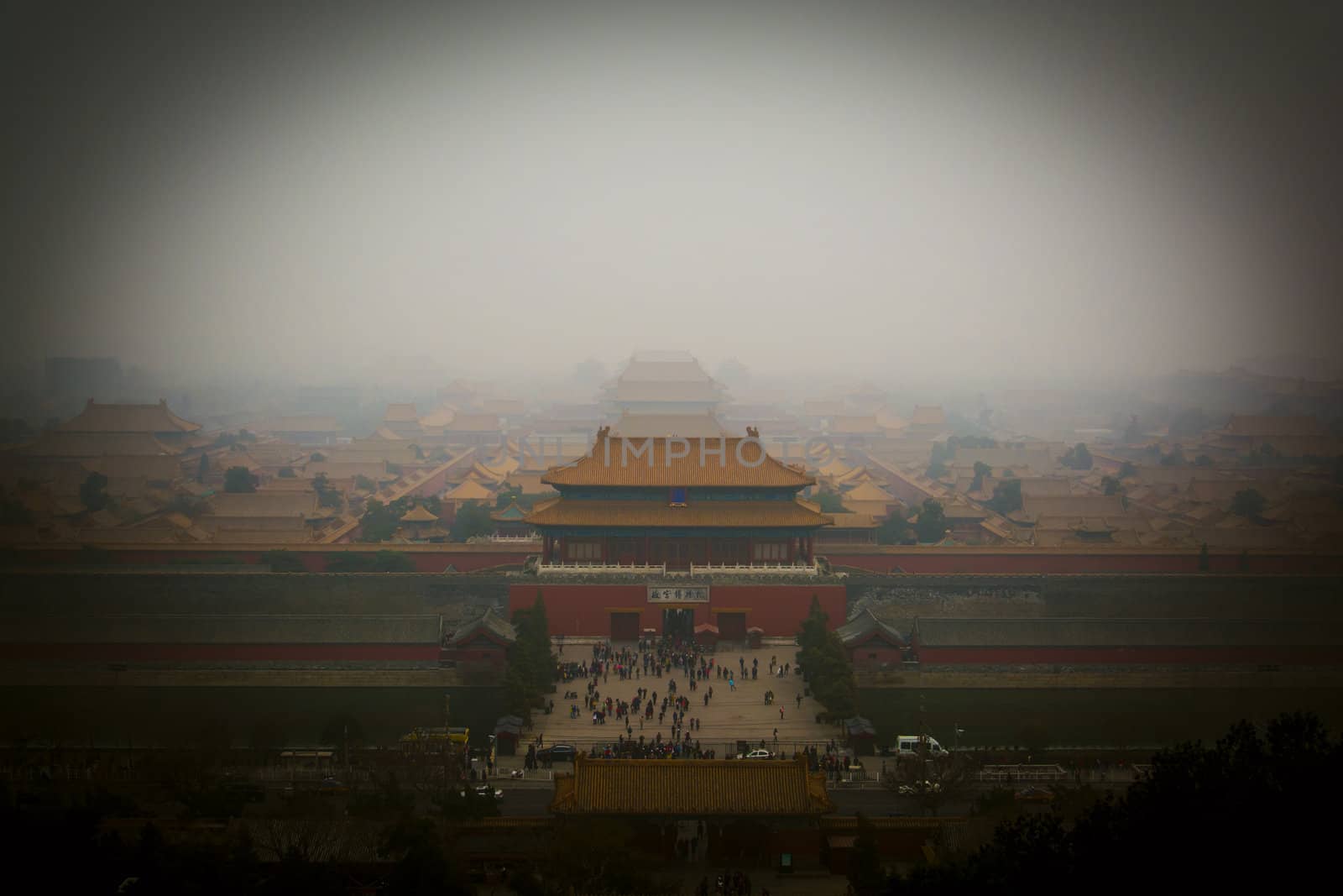 Badly polluted Beijing city with theForbidden city in background.