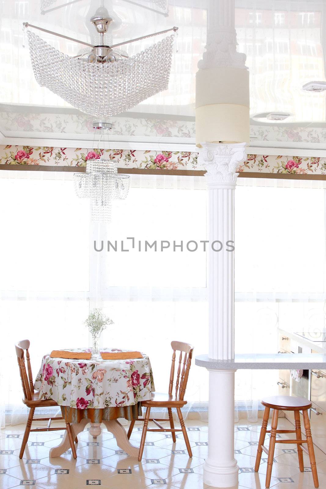 interior of modern kitchen, view of a window and bar rack with kolnny, a horizontal shot