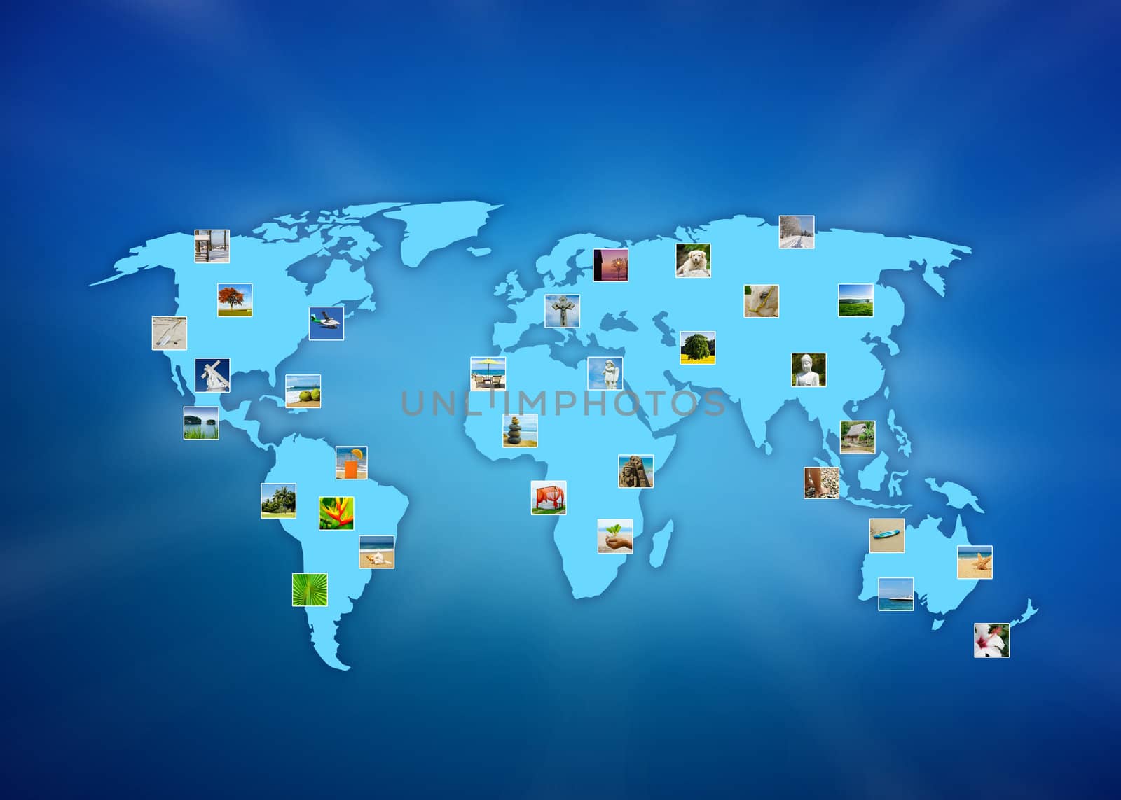 World map with several photos of travel destinations on blue background. 