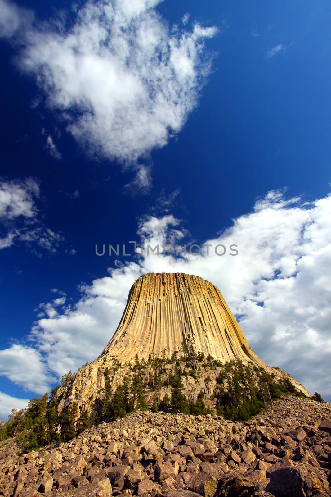 Devils Tower National Monument rises into the big skies of Wyoming.