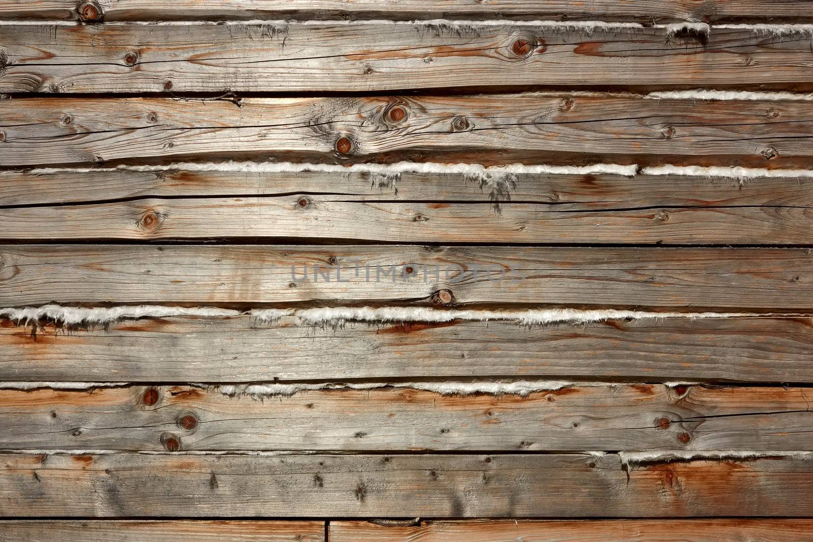 Horizontal parallel old wooden logs with heat insulation material between them. Part of wooden house walls