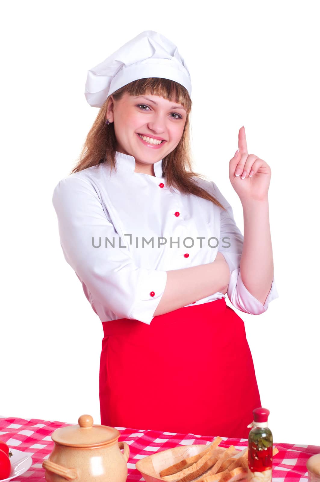 attractive woman points her finger up, white background