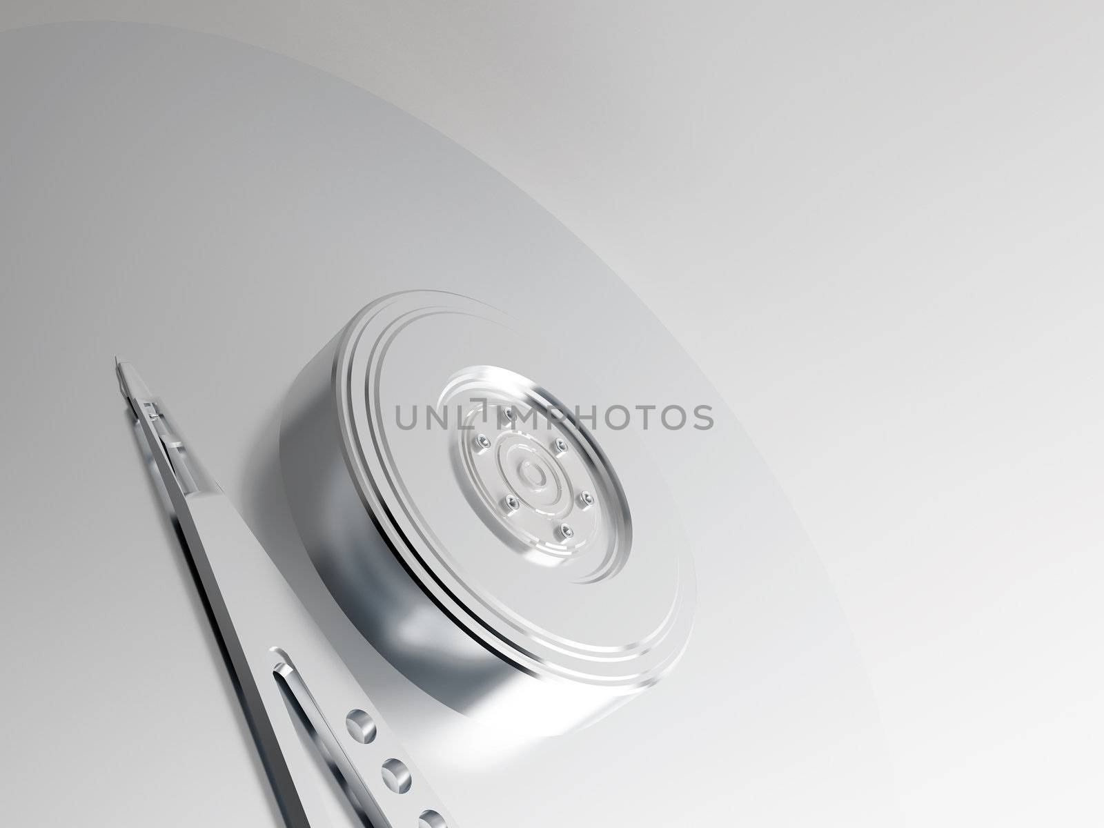 Model of metal plate and reading head of a hard disk on a neutral background