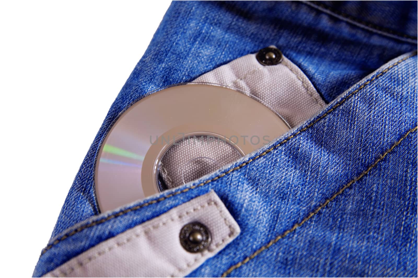 compact disk with modern music against fashionable blue jeans